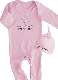 Personlaised Hello World Babygrow Sleepsuit Hat Set Pink Baby grow New baby New Arrival Choice of Text colour Newborn Moon and Stars