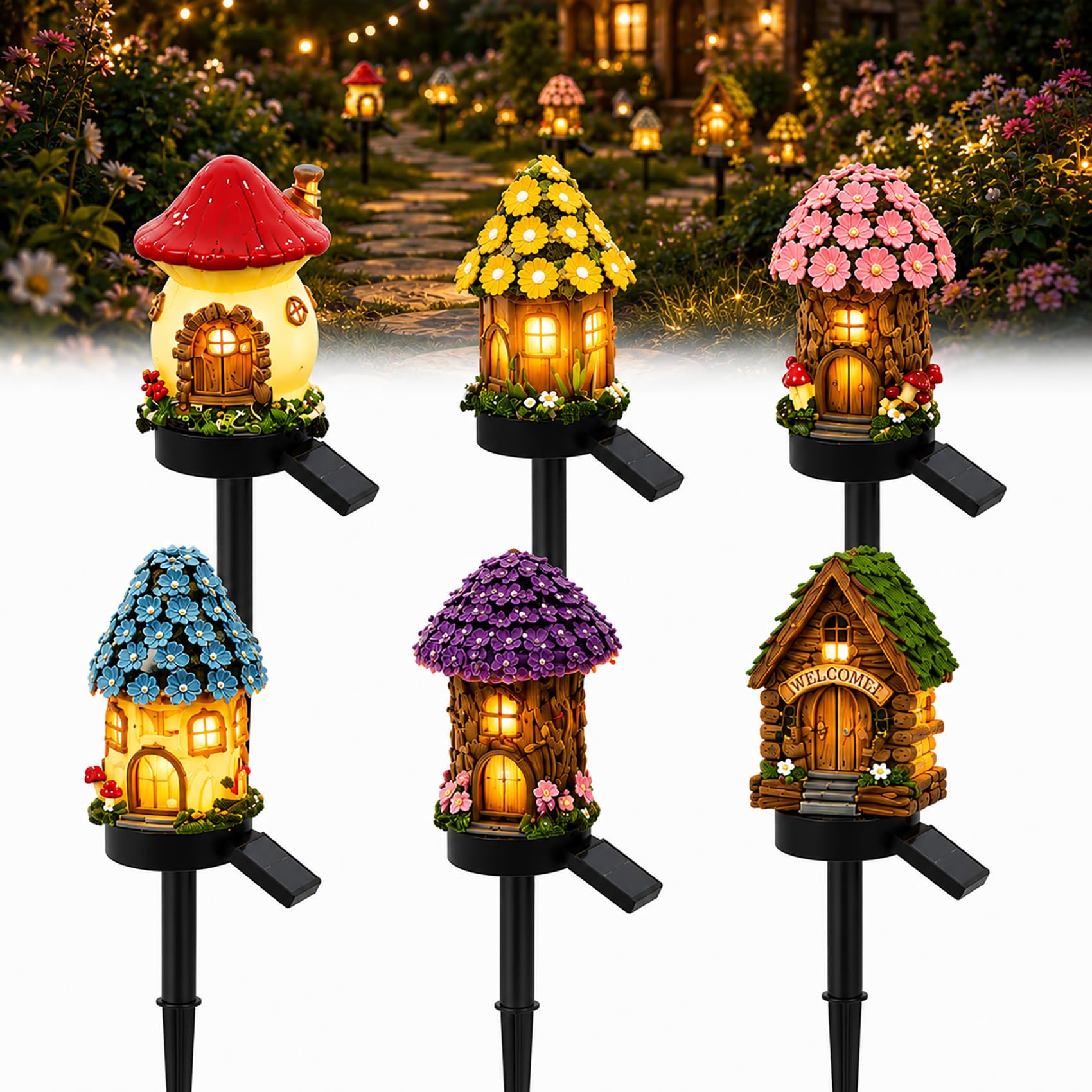 Cemssitu Solar Mushroom Cottage Garden Light, Waterproof LED Solar Garden Light with Stake, Resin Fairy Garden Stake Lights with Auto On/Off for Pathway Yard Patio Lawn Walkway (6 Mix)