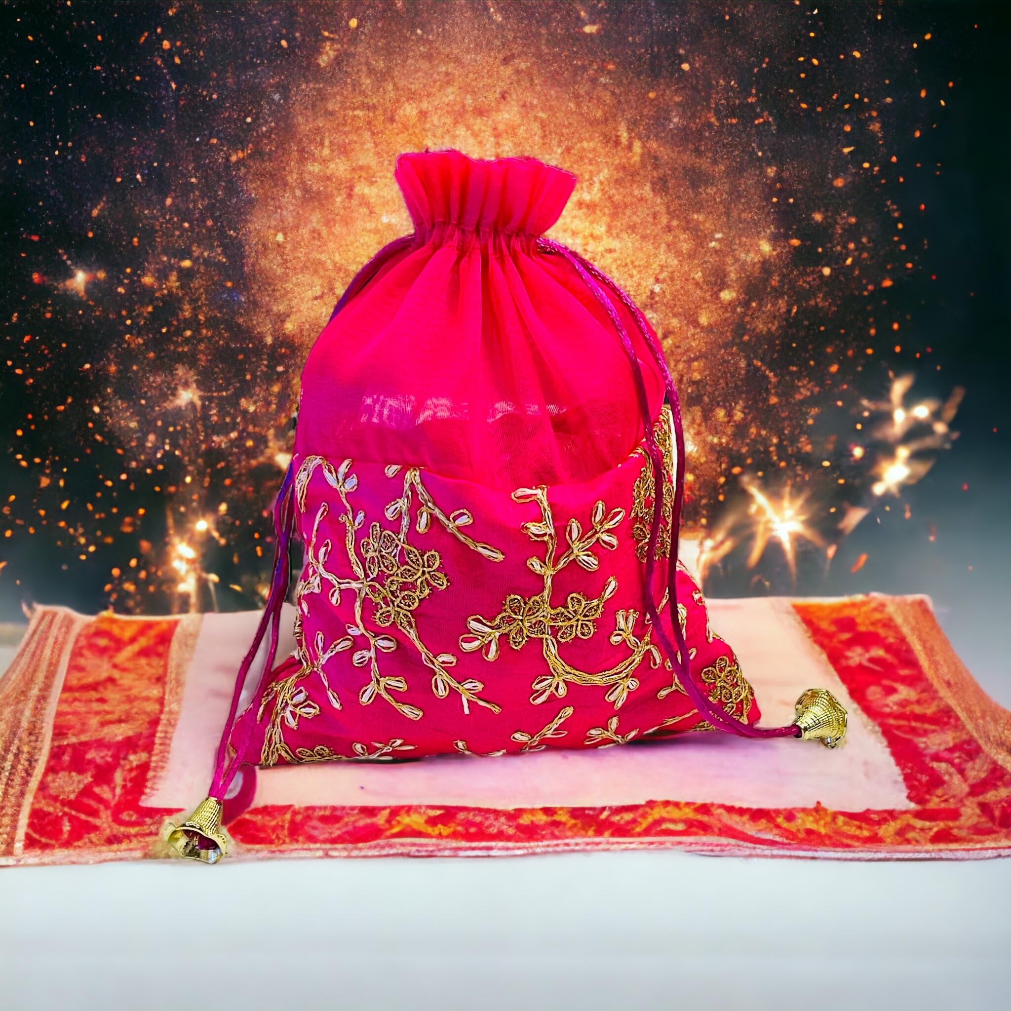 KRIWIN Pack of Ten pcs Women's Silk Drawstring Closure Embroided Big Size Gift Potli Bags Pouches(23 X 18 cm;Magenta) (10) 3