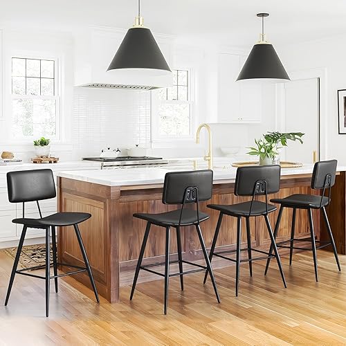 Miniatura 44 de Juego de 2 taburetes de bar de altura de mostrador de 24.5 pulgadas, taburetes de bar tapizados de piel sintética negra con reposapiés trasero y