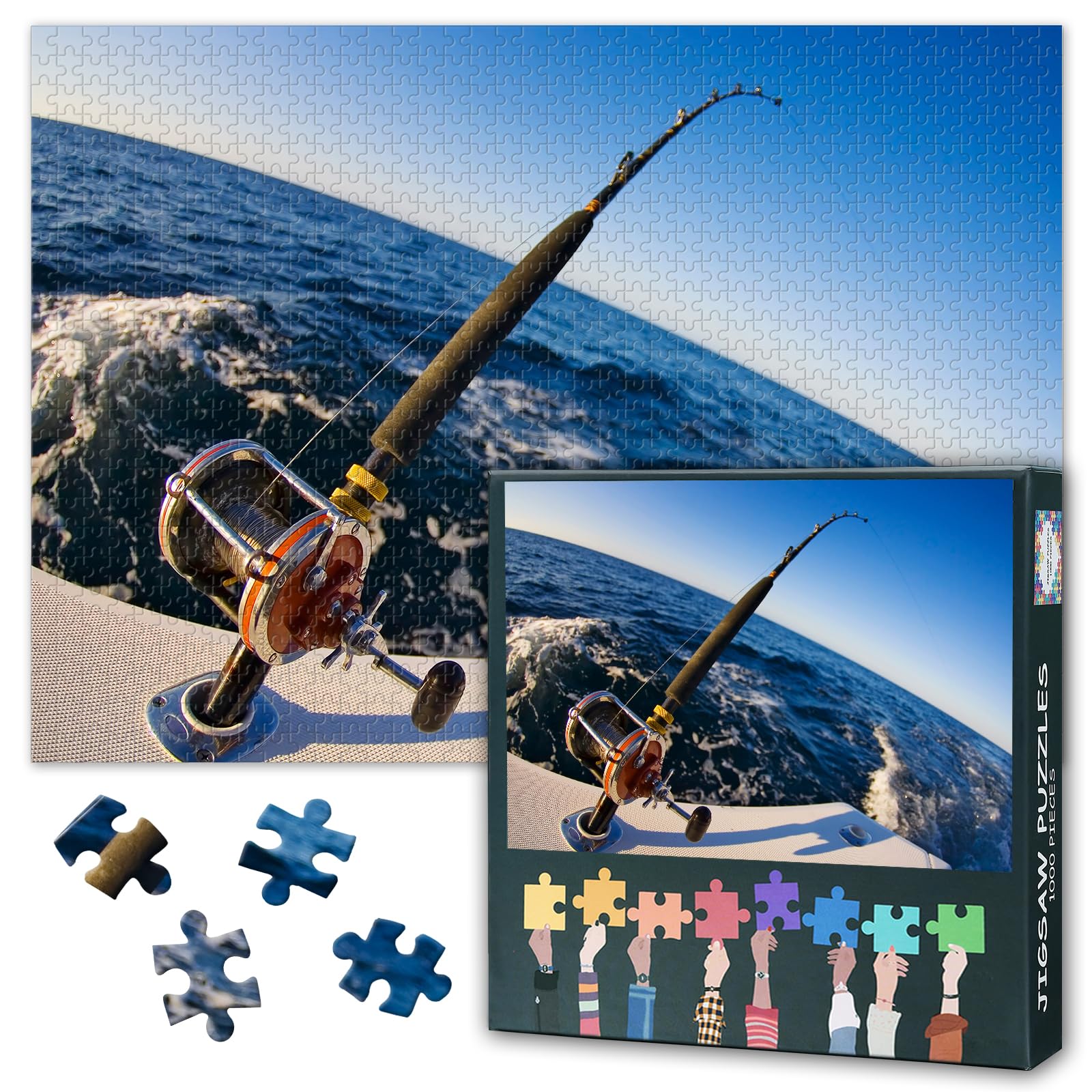 Jigsaw Puzzle 1000 Pieces for Adults Fishing Rod and Reels Wall Art Monochrome Canvas Print HD Detailed Illustration Home Decor Challenge 27.5 x 19.7 Inches โ image 1