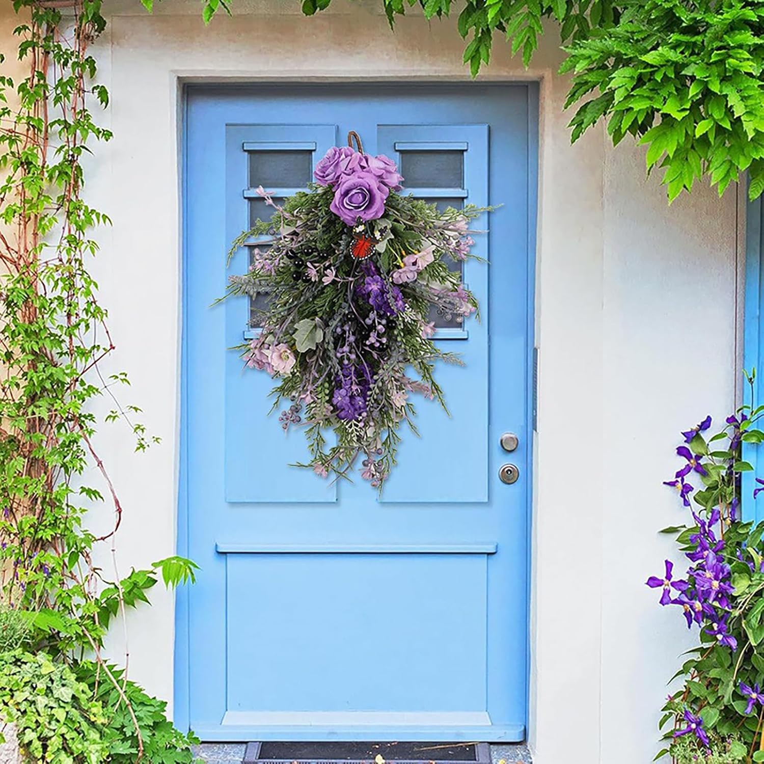 MINGZHE Artificial Hanging Rose Plants,Decorative Teardrop Artificial Hanging Flowers Fake Hanging Flowers Door Swag Wreath for Indoor Outdoor 50x35 cm