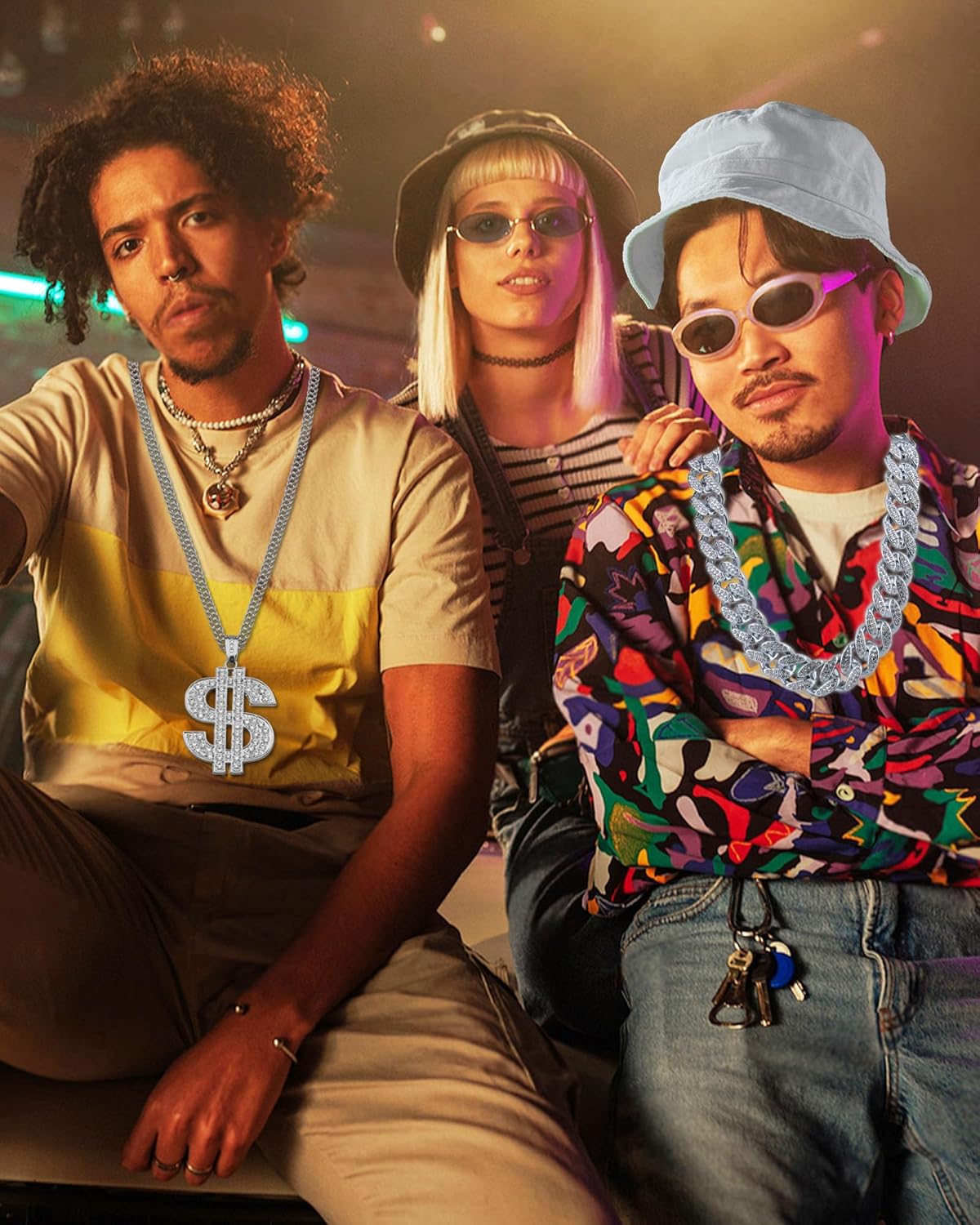 6Pack 90s 80s Hip Hop Costumes Kit for Men 2000s Y2K Sunglasses Rings Hat Rapper Outfit Accessories for Themed Party - Image 4