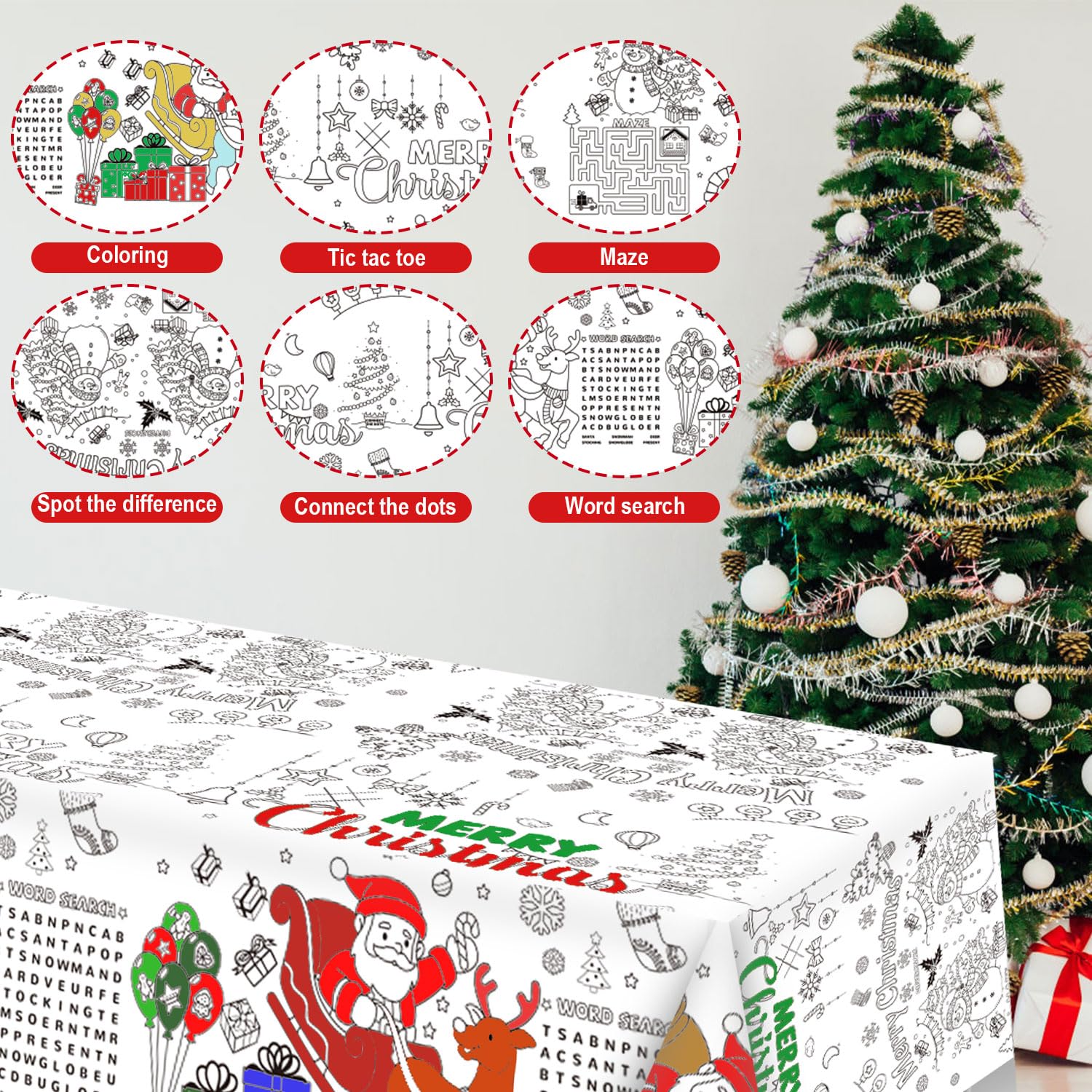 Merry Christmas Coloring Tablecloth - 53.9x107.8 Inch Giant Santa Snowman Poster For Kids Adults Holiday Party Craft - View #4