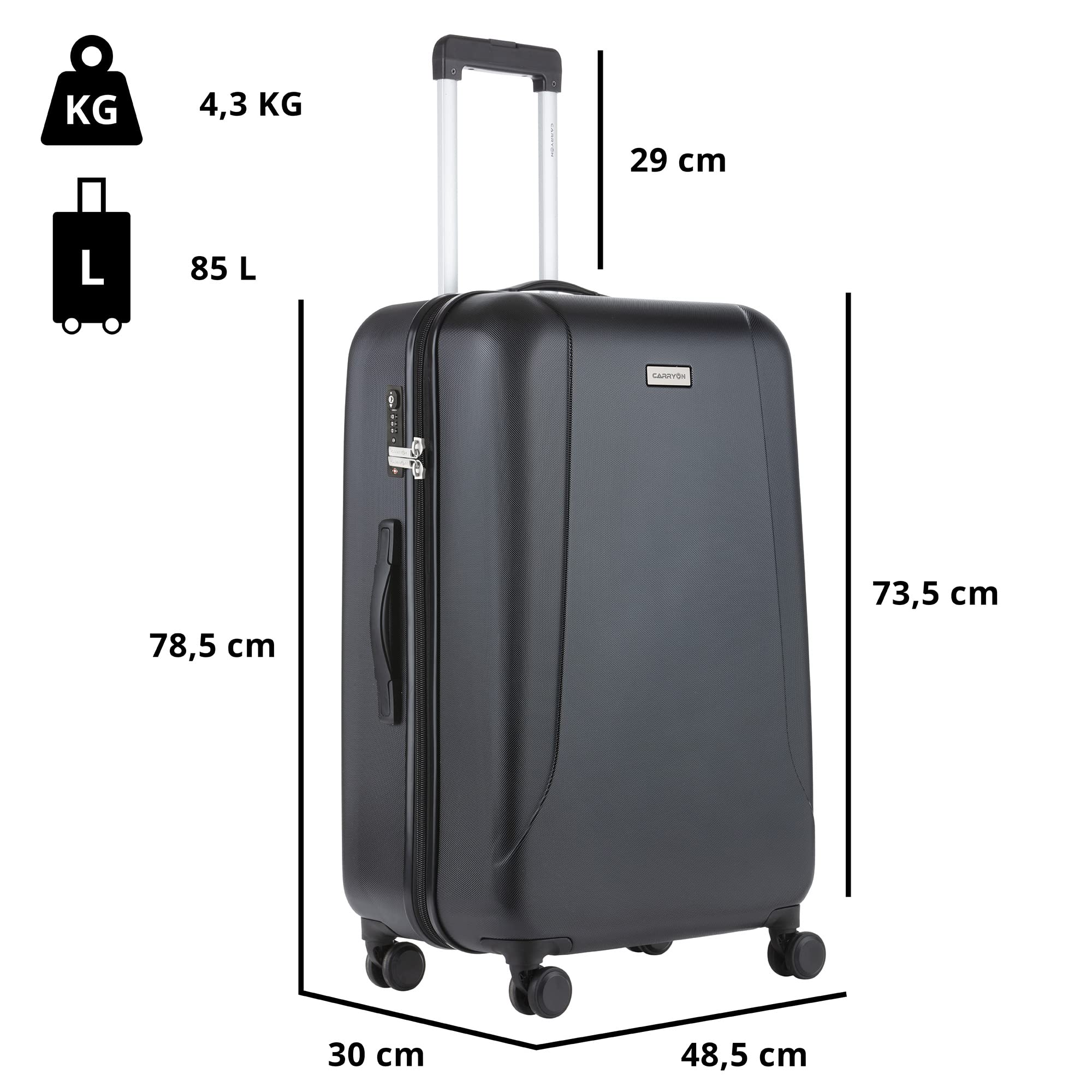 CarryOn Skyhopper – Twarda duża walizka podróżna 78 cm, walizka 85 l z zamkiem TSA (Czarny, Duży)