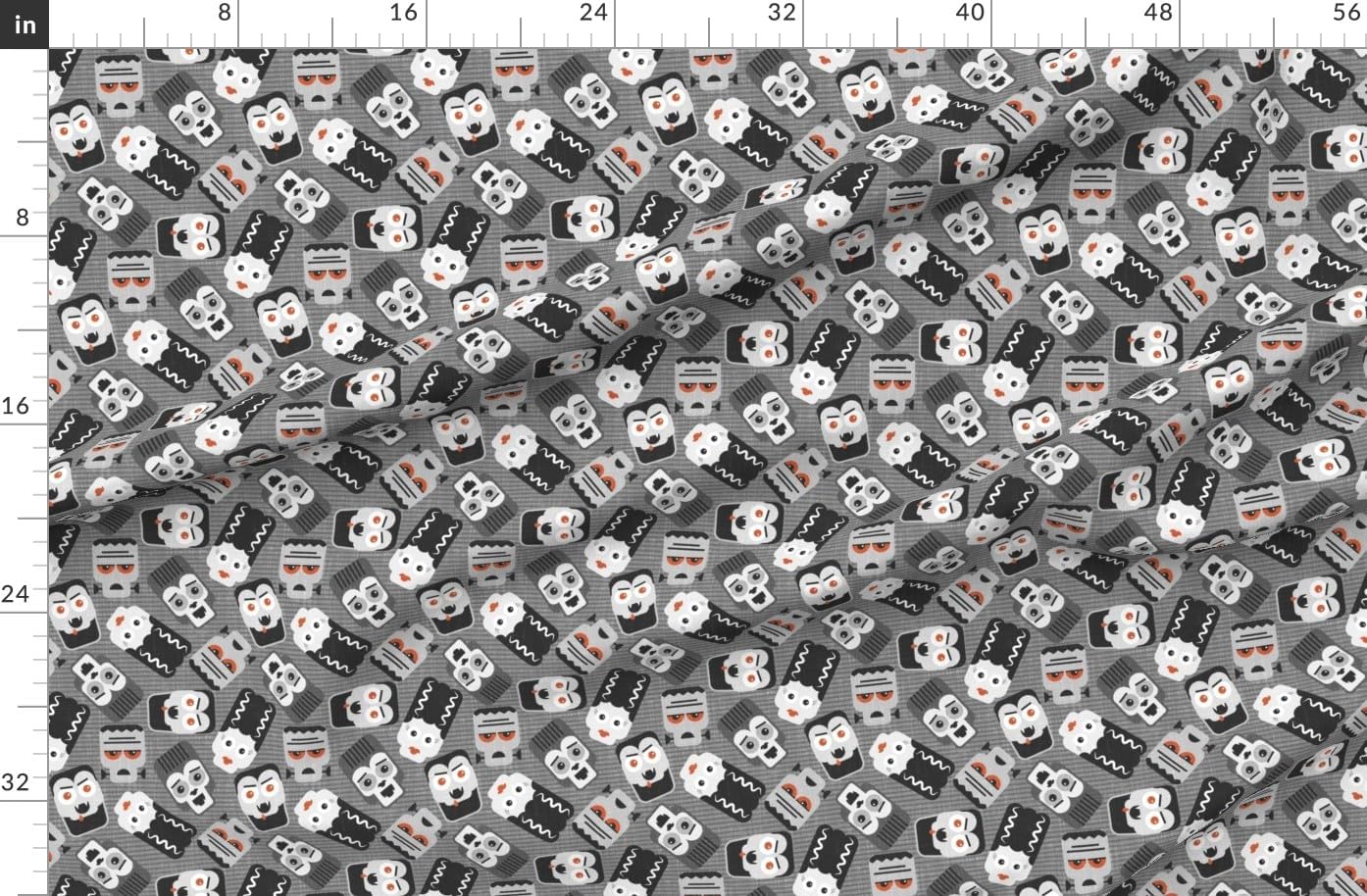 Spoonflower Fabric - Halloween Spooky Retro Kids Frankenstein Vampire Monster Grayscale Printed on Denim Fabric by The Yard - Bottomweight Apparel Home Decor Upholstery