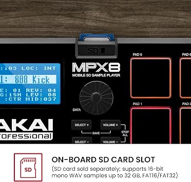 Akai Professional MPX8 USB MIDI Sample Pad Controller | 8 Velocity-Sensitive Pads, MIDI Connectivity, SD Card Slot, for Sampling and Beat Making