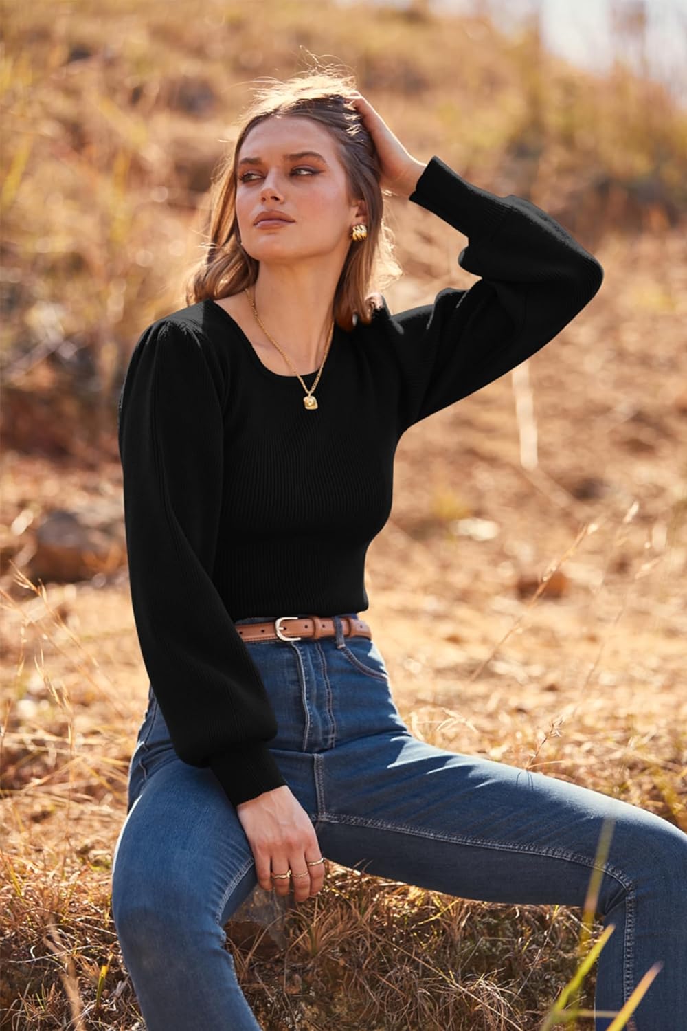 MASCOMODA Long Puff Sleeve Sweaters for Women 2026 Spring Winter Crewneck Knit Ribbed Bodysuit Pullover Tops - Image 4