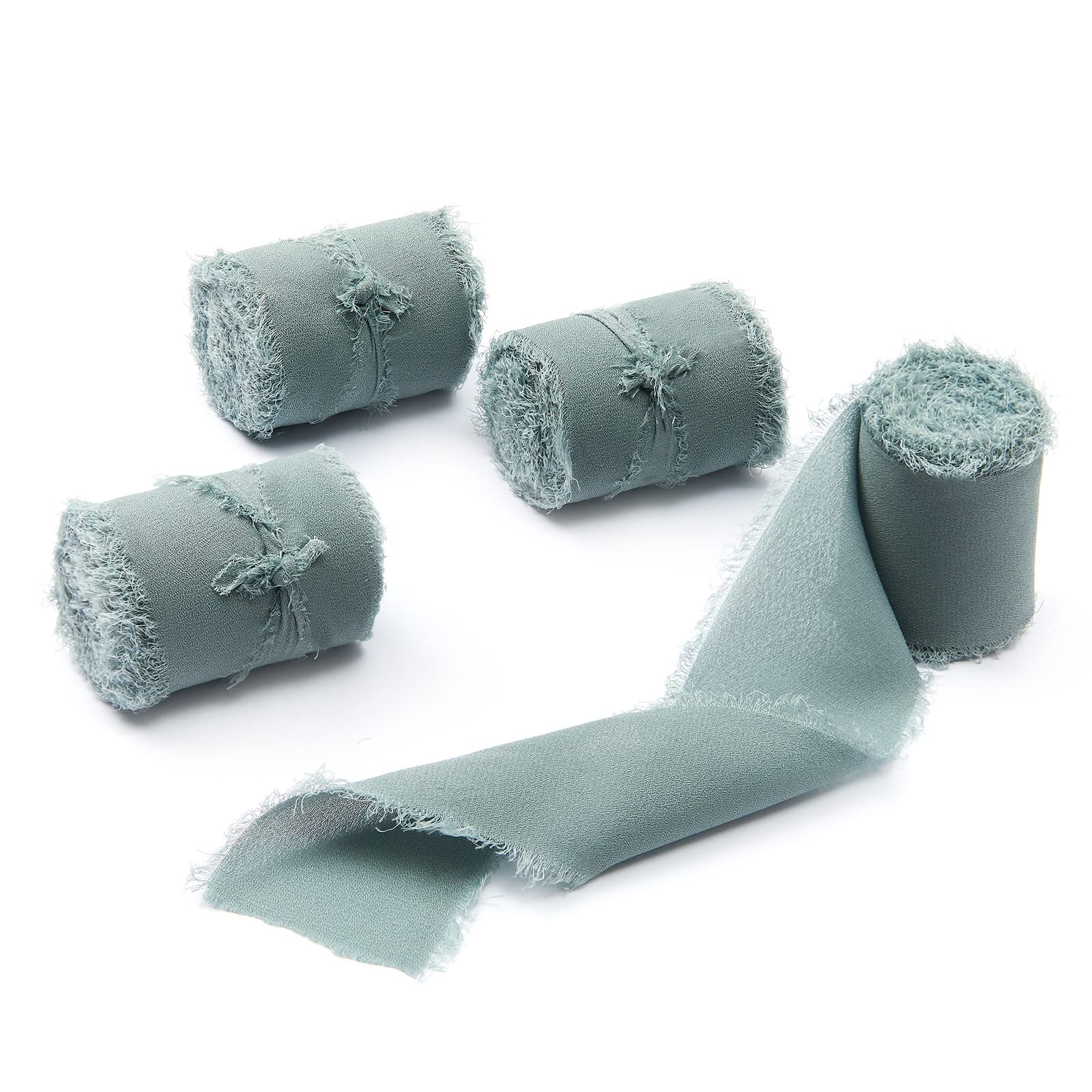 4 rolki 5 cm szer. x 5 yd zakurzona niebieska ręcznie wykonana wstążka z szyfonu jedwabnego, postrzępione krawędzie wstążka na zaproszenia ślubne, bukiety ślubne, pakowanie prezentów, rękodzieło DIY, tworzenie kokardek (5 x 50 m zakurzony niebieski)