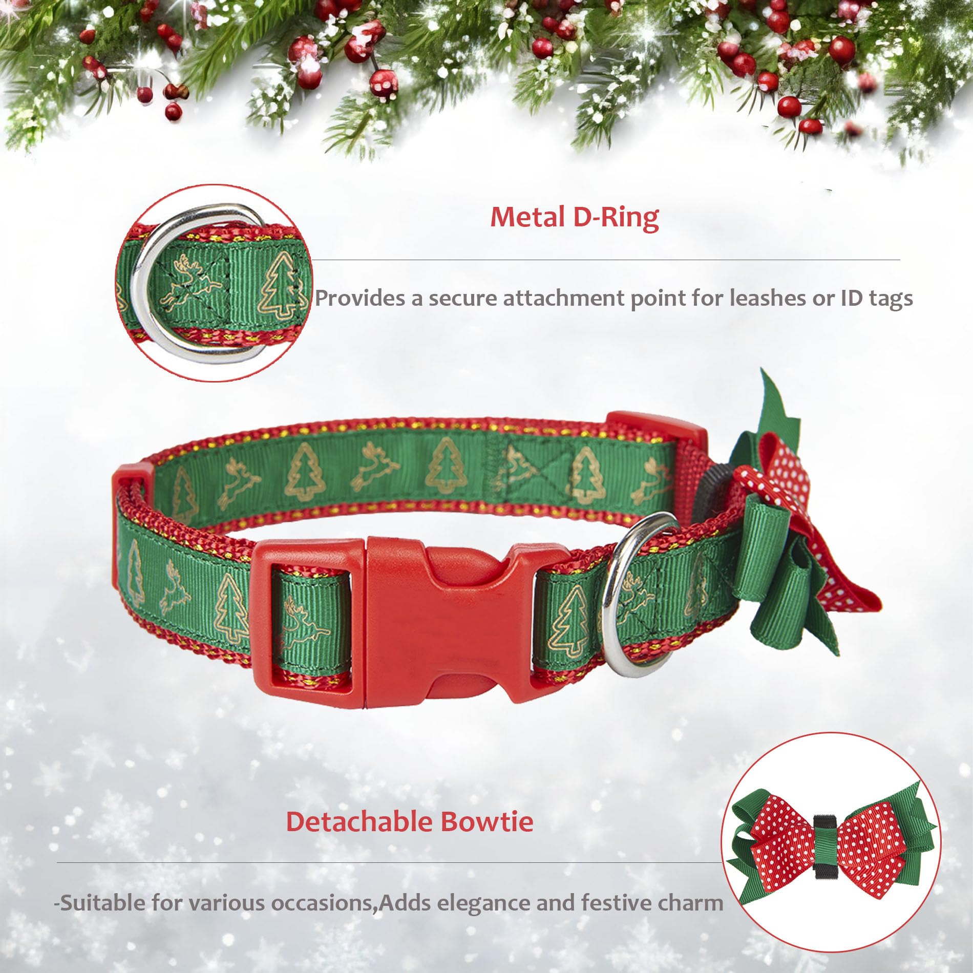 Petiry Festive Christmas Dog Collar with Bow and Reindeer Print,Green Large Dog Collars Neck 40-63cm,Tree - Image 2
