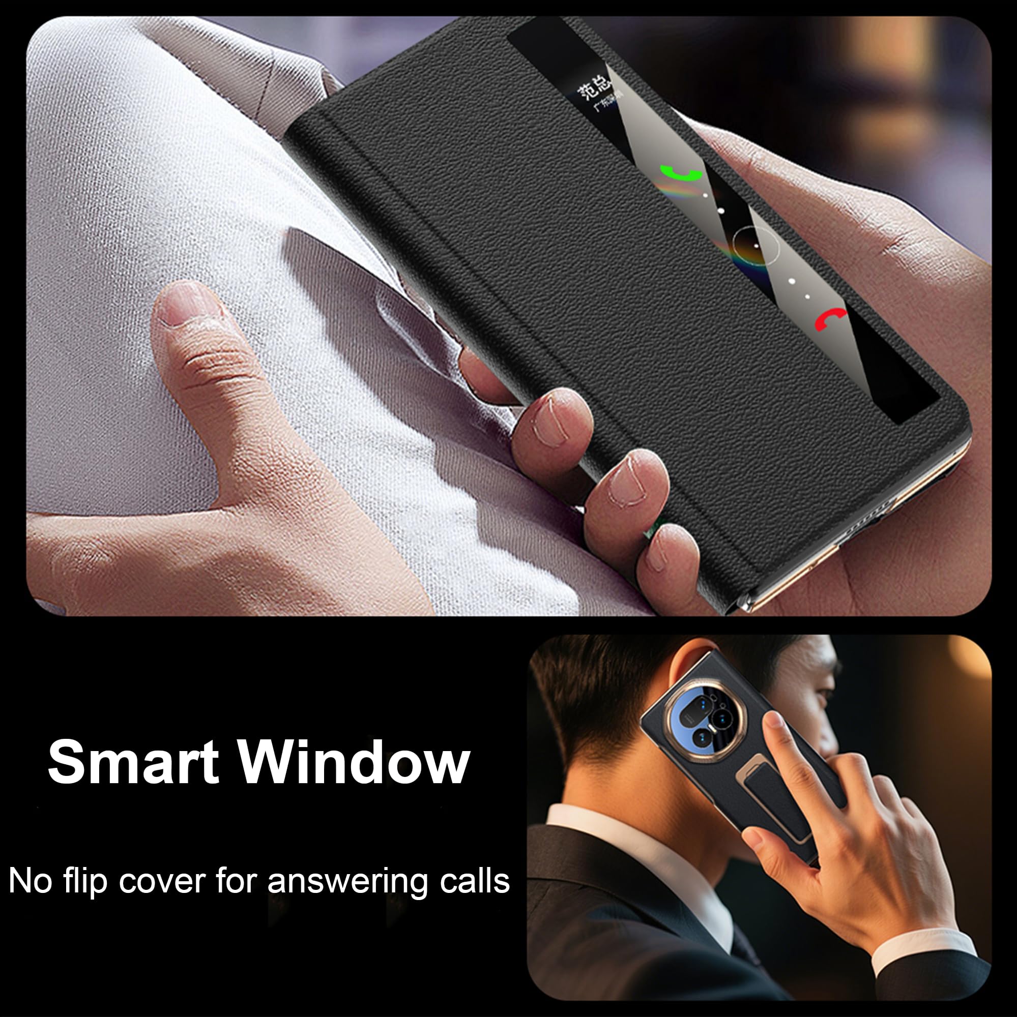 Coque pour Honor Magic V5 avec 360°degrés Support Rotatif,Ultra-Fin PU Cuir Back et Monture en Silicone Souple Etui,Étanche et Résistante aux Chocs- Noir