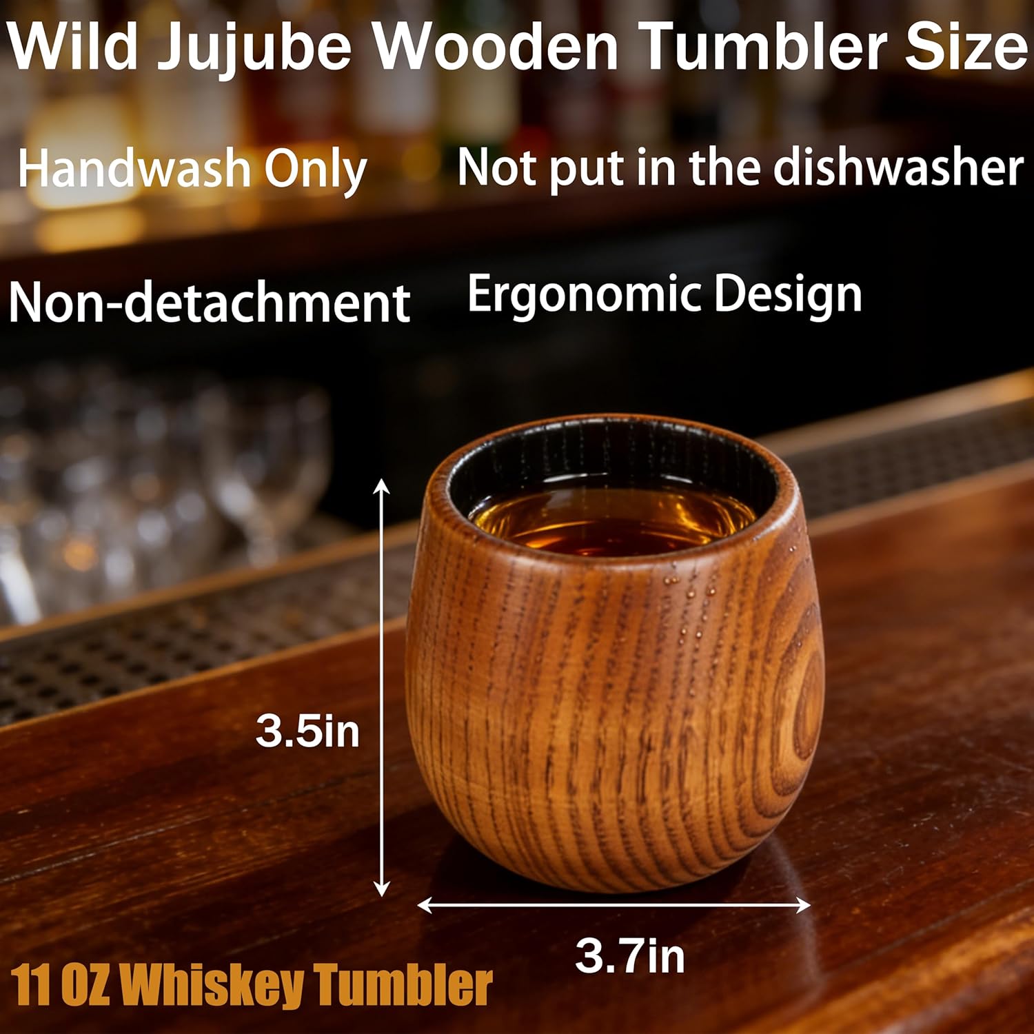 Wooden Whiskey Glasses with Charred Wood Grain Design Keeps Drinks Colder Longer 2 Pack Natural Jujube 11 oz Old Fashioned