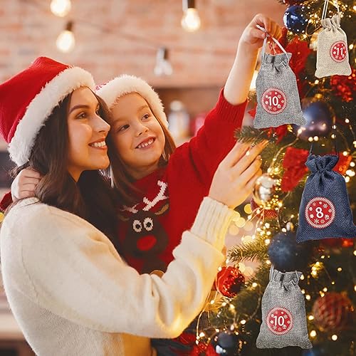 Miniatura 6 de LinTimes 24 bolsas de cuenta regresiva para calendario de Adviento para Navidad, bolsas de arpillera de 3 colores con calcomanías de números 1-24,
