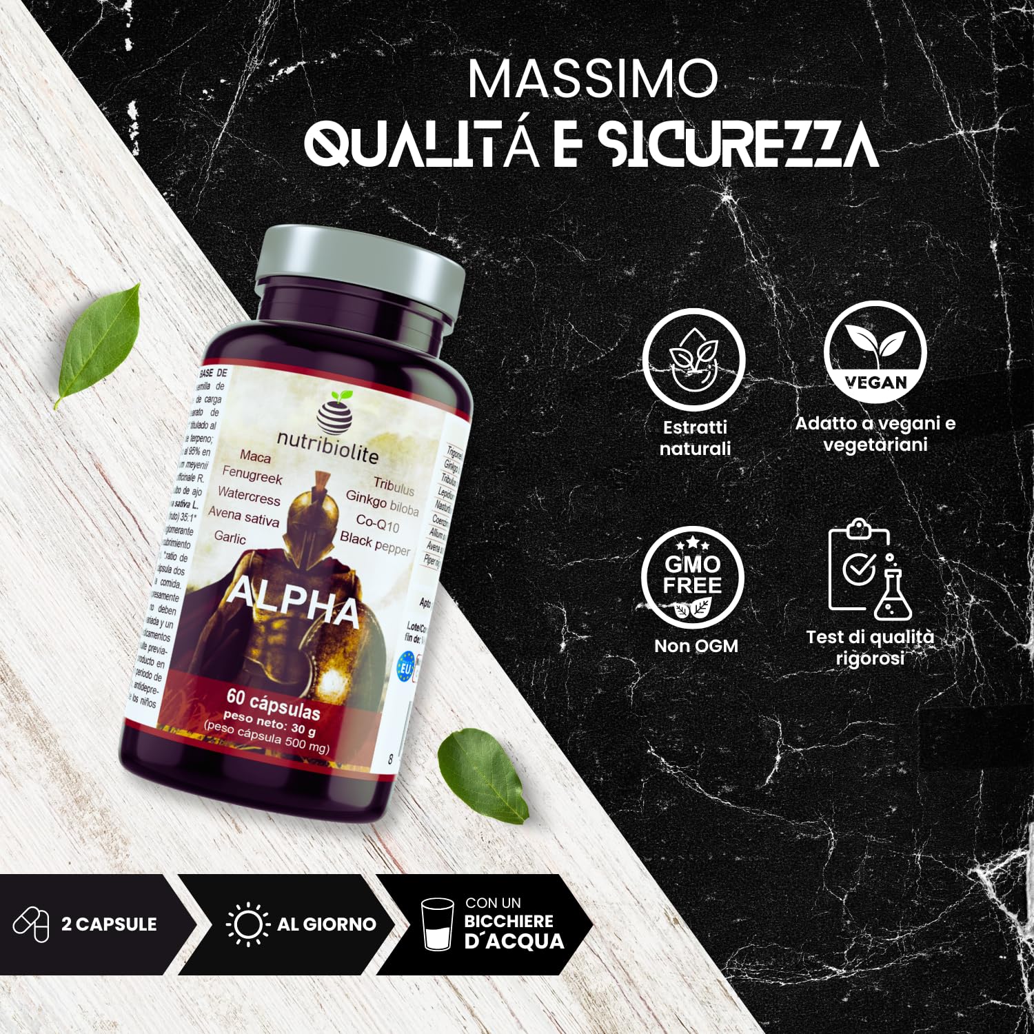 Complesso Altamente Concentrato con Maca, Tribulus, Fieno Greco, Ginkgo, Co-Q10, Piperina. Forza + Resistenza + Energia. Pre-allenamento. 60 capsule vegane - ALPHA