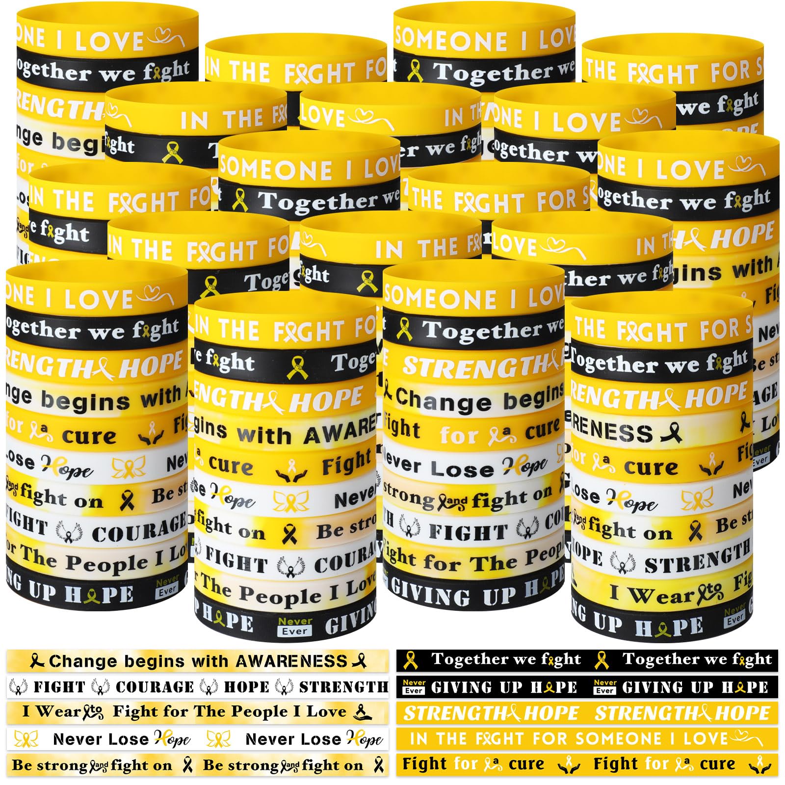 PullCrease 200pcs Childhood Awareness Bracelets Bulk Gold Ribbon Silicone Bracelets Inspirational Pediatric Childhood Cancer Awareness Wristband for
