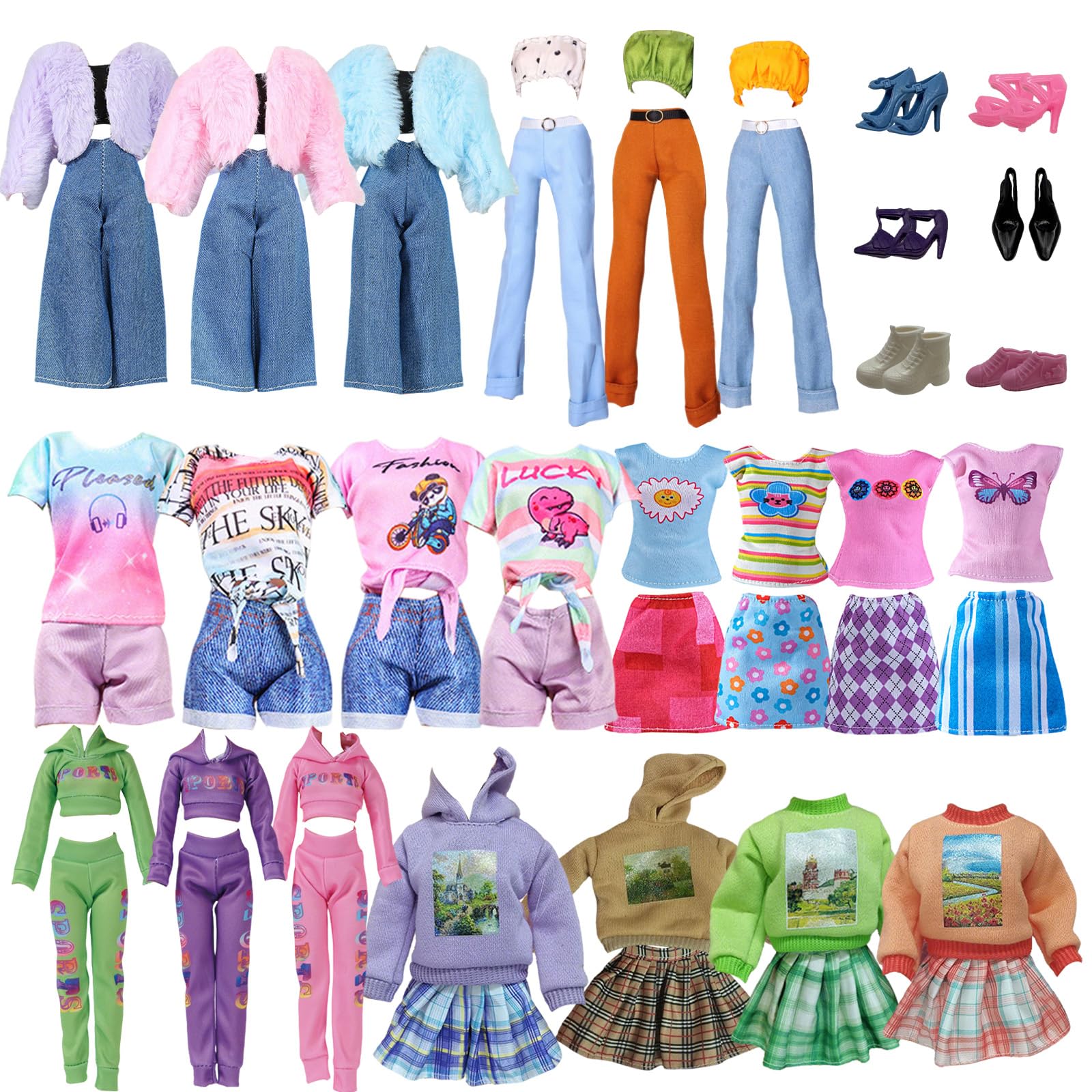 20Pcs Doll Clothes Accessories Set for 11.5 Inch Doll,Fashion Doll Outfit with Hoodie plaid skirt Plush Coat Cropped Top Trousers Sets Printed T-shirts Bag 6 Shoes for Girls & Doll Collector