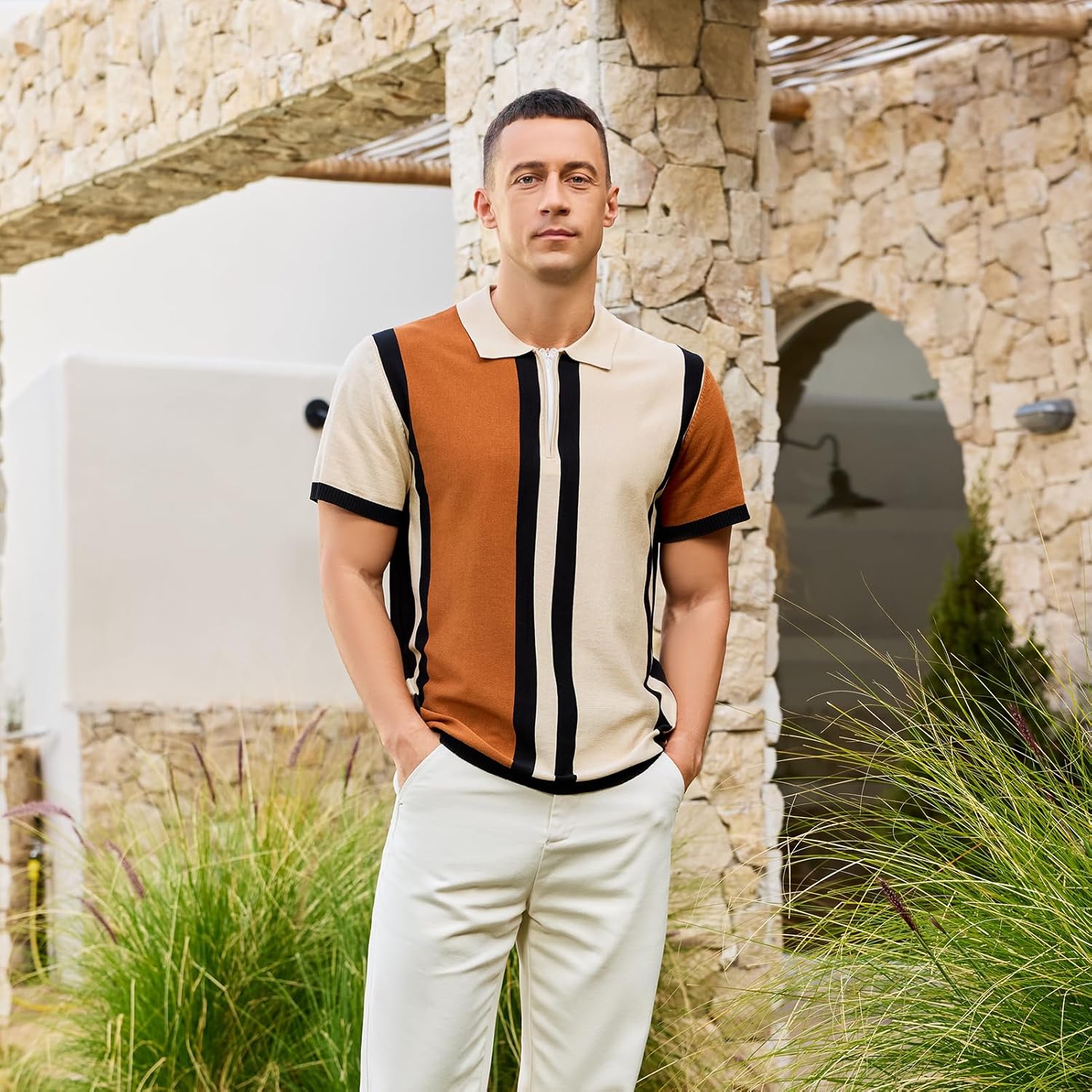 Men's Fashion Knit Polo Shirts Vintage Striped Knitting Shirts Ribbed Slim Fit Golf Shirts - Image 3