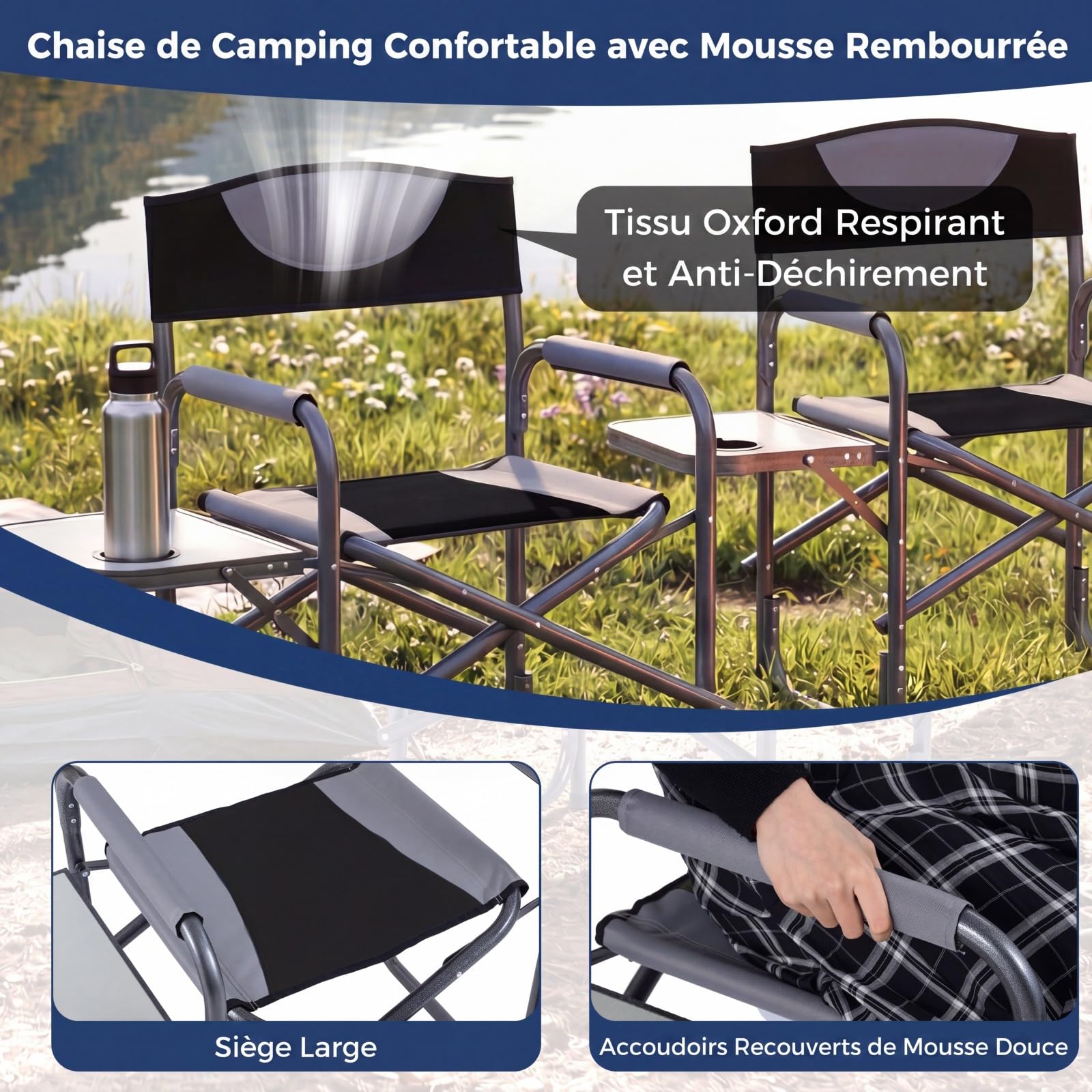COSTWAY Chaise Pliante Camping, Chaise Extérieure avec Tablette Pliante, Charge 180 kg, Cadre en Métal, Tissu Oxford, Porte-gobelet, Fauteuil pour Pêche Plage Camping, 82 x 46 x 88 cm (Noir)