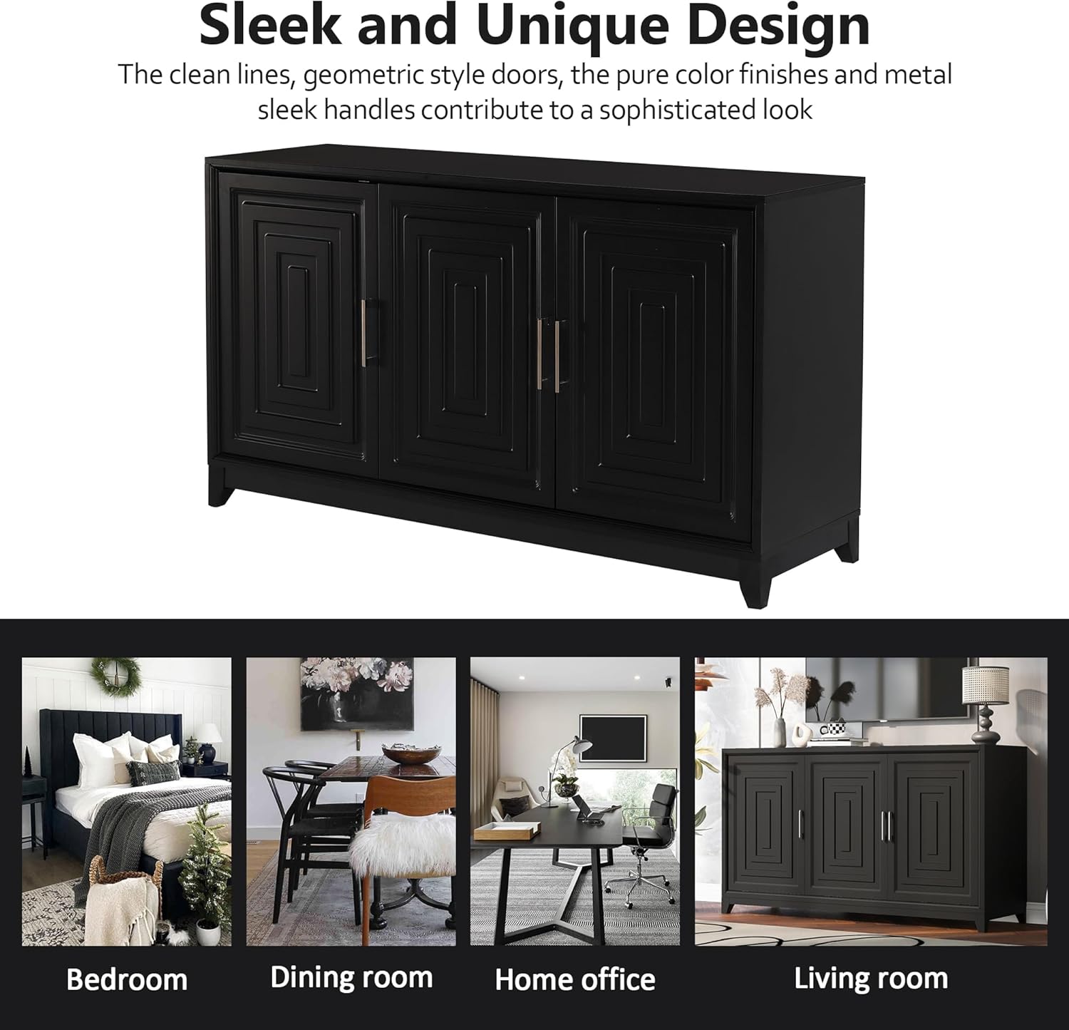 TV Stand for up to 65 Inch TV, Modern Entertainment Center with 2 Storage Cabinets and Solid Wood Legs, Media Console Table for Living Room (Black+MDF+50-59inches)