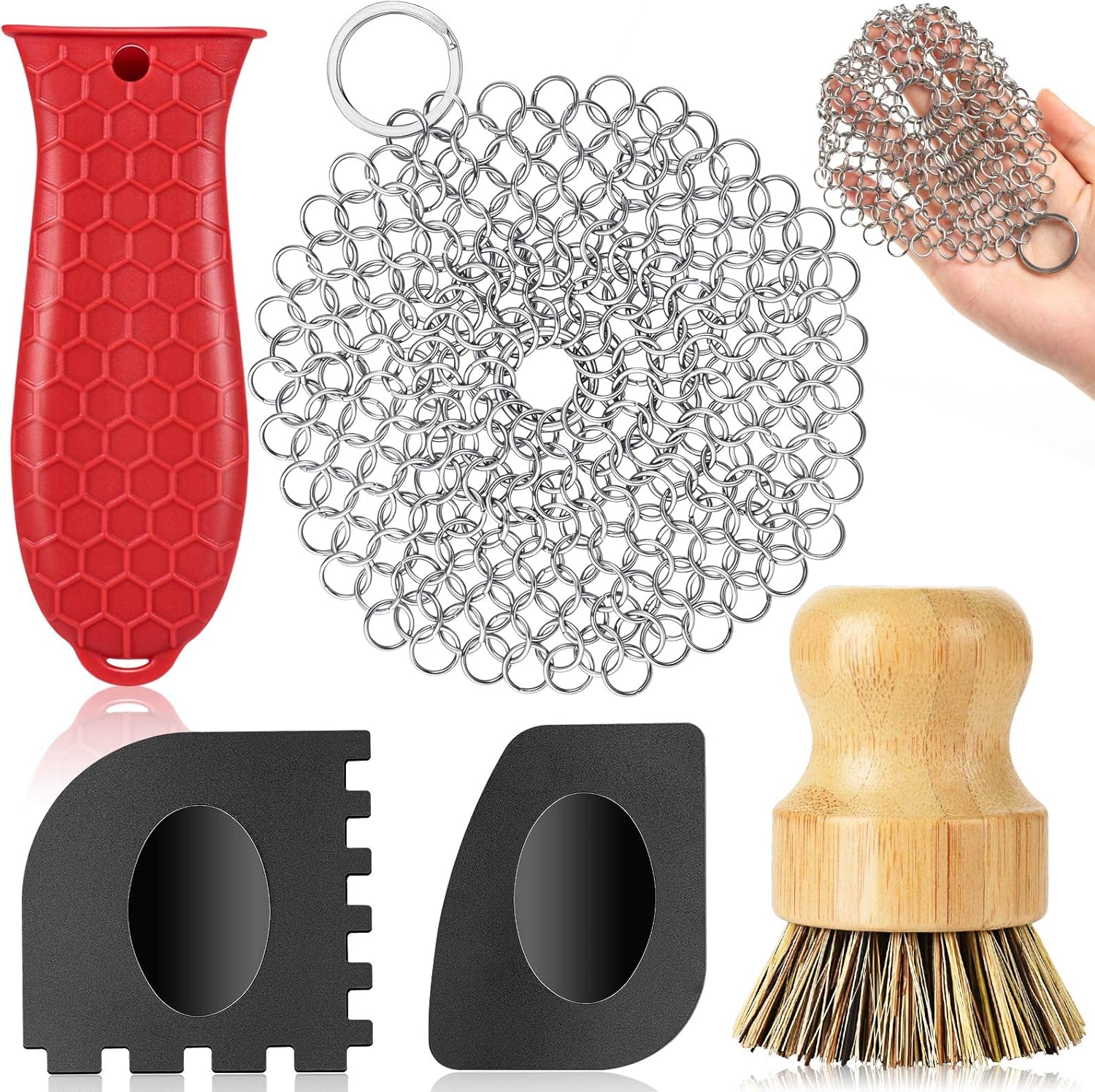 Cast Iron Cleaning Kit, NonSlip Silicone Pot Handle Holder, 2 Pan Grill
