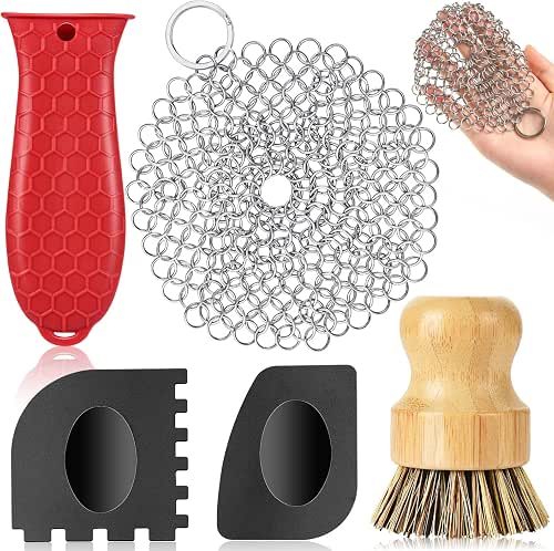 Cast Iron Scrubber, Kitchen Cleaning Set Including Honeycomb Non-Slip Silicone