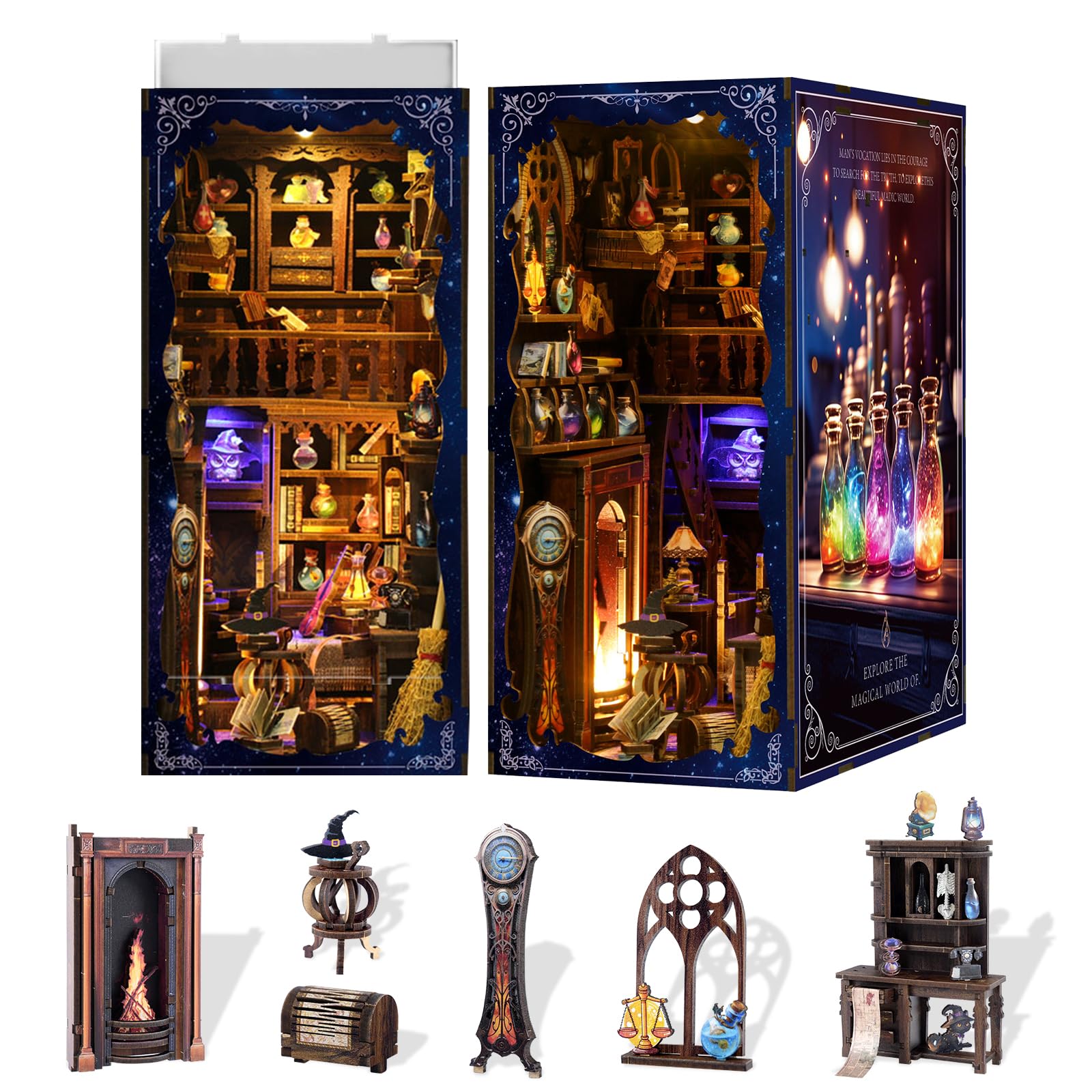 Kangomelon DIY Book Nook Kit Wooden Miniature Magic Potion House Kit 3D Wooden Bookends Miniature House Book Nook Kit for Adults Bookshelf Insert Decor with LED Lights Wood Crafts