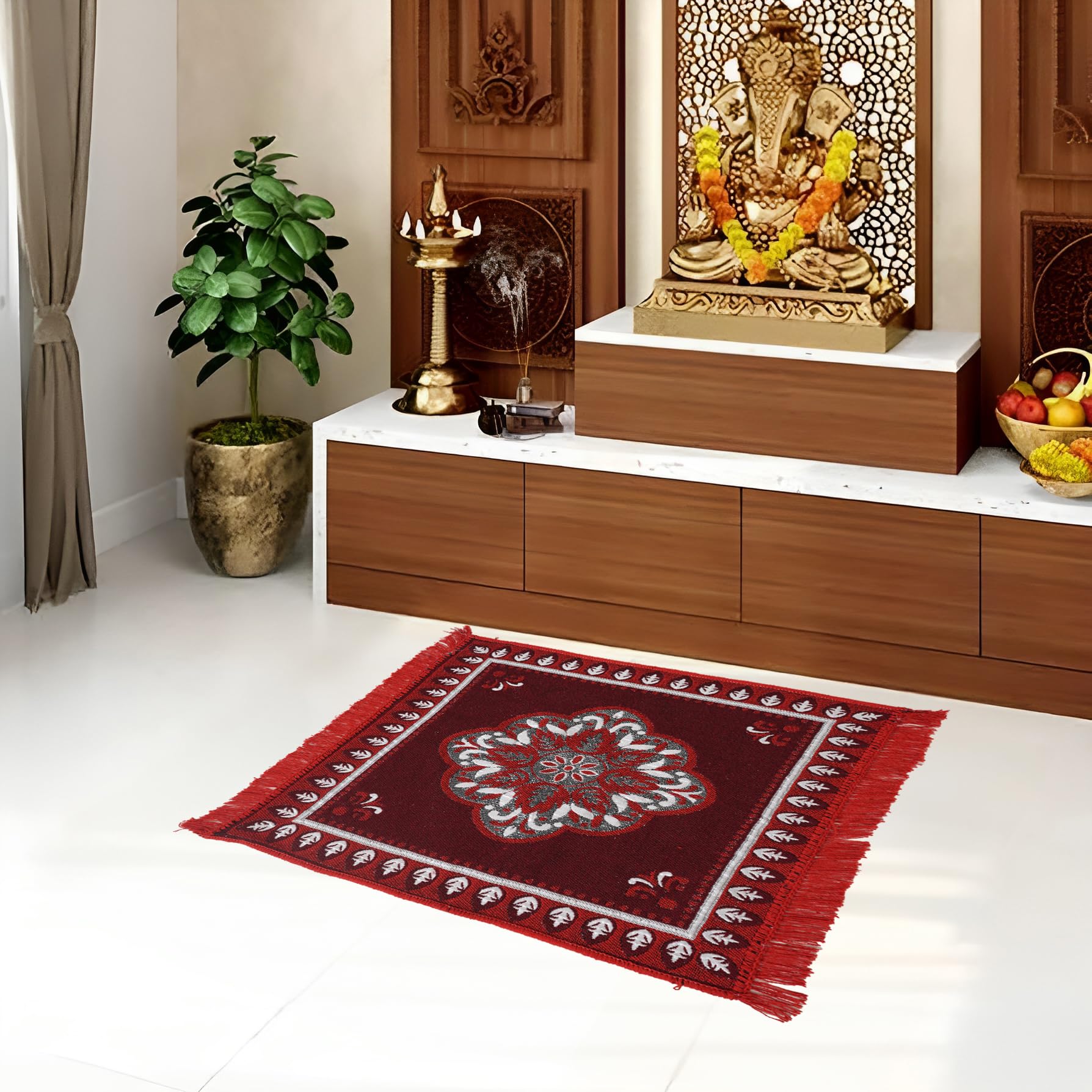 Furnishing Hut Traditional Cotton Prayer Mat | Large 2x2 Feet | Meditation Aasan Mat | Pooja Carpet | Rangoli Square Design | Rust | Pack of 1-image-21
