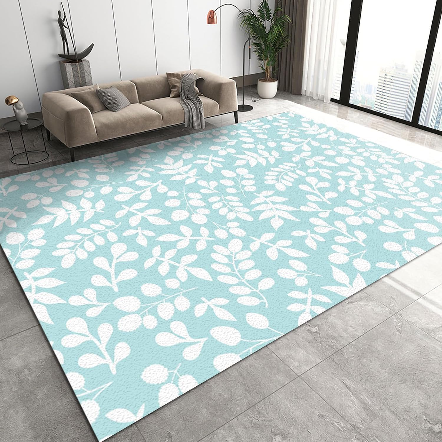 Tapis imprimé feuilles de plantes 3D lavable pour rafraîchir un salon moderne