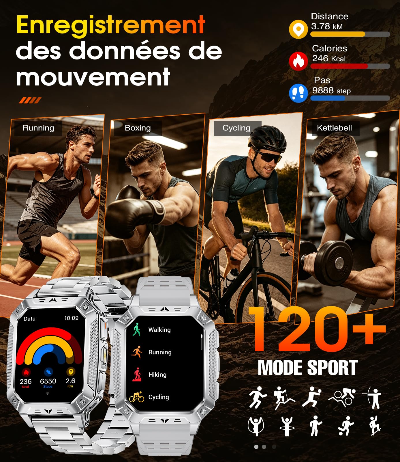 SUNKTA Montre Connectée Homme 1400mAh, 2.01'' Smartwatch avec LED Lampe, 110+ Modes Sportifs, Étanchéité IP68, Appels Bluetooth Smartwatch Militaire, Surveillance Cardiaque 24H,Sommeil, SpO2