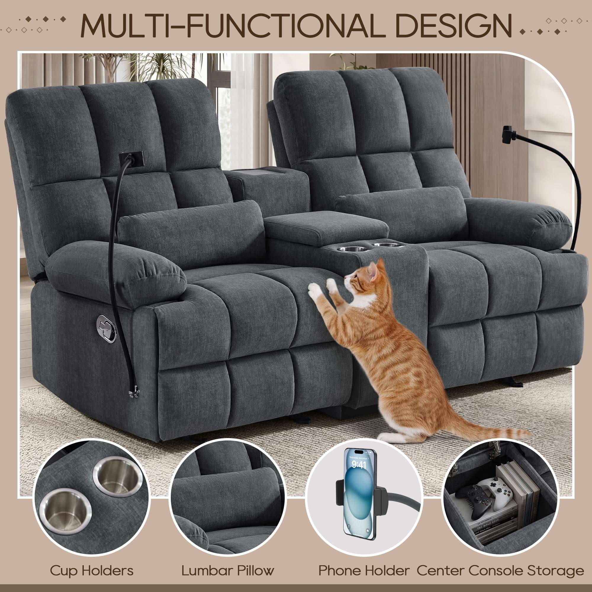 Best Rocking Loveseat Recliner Picks for 2026 2 PALLOME Loveseat Recliner Sofa with 30° Rocker Function, Cat-Proof Fabric Manual — product photo