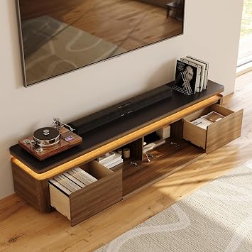 POVISON 79 Fully Assembled TV Stand with Adjustable LED Lights, Walnut