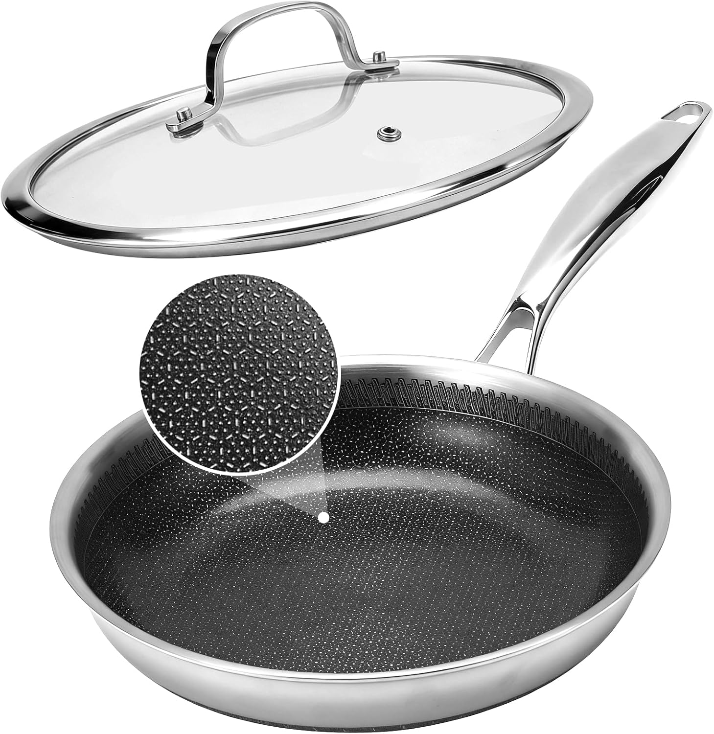 12 Inch Tri-Ply Stainless Steel Hybrid Frying Pan with Lid - Ceramic Nonstick Skillet, Induction & Oven Safe 600°F, PFAS/PFOA Free Professional Clad Cookware