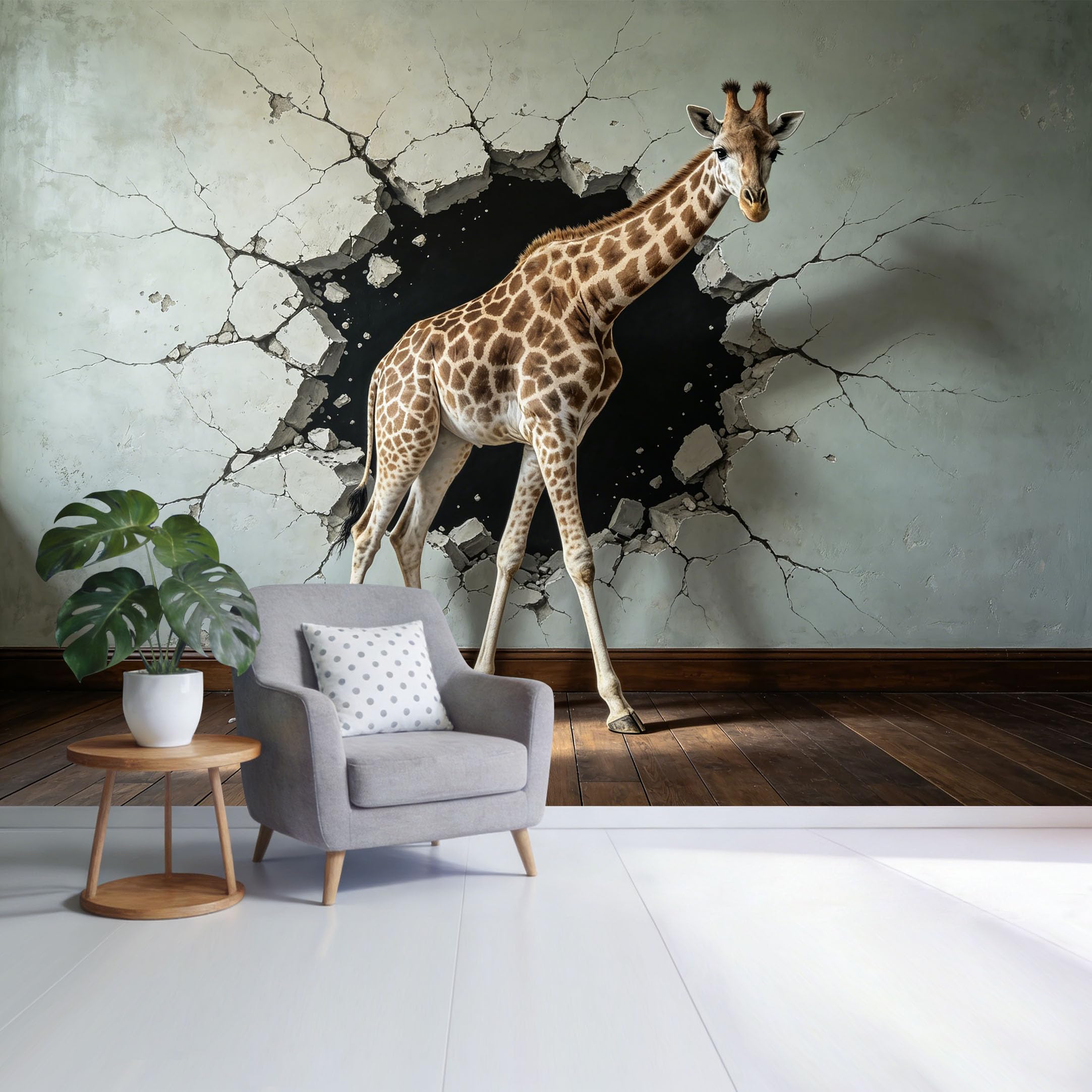 Custom Size Wall Mural Giraffe Breaking Through Concrete Wall 3D Trompe L'Oeil Removable Self Adhesive Fabric Home Wall Decor for Living Room Bedroom Bathroom