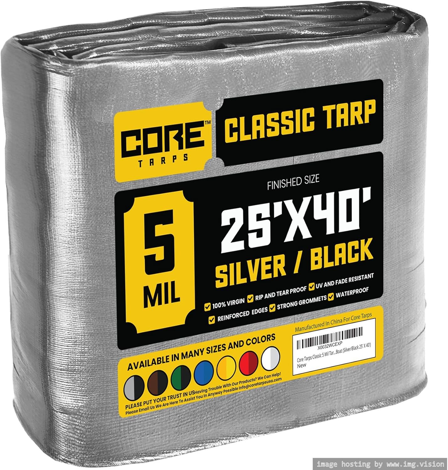 Core Tarps Classic 5 Mil Tarp Cover, Waterproof, UV Resistant, Rip and Tear Proof, Poly Tarpaulin with Reinforced Edges for Roof, Camping, Patio, Pool Cover, Boat (Silver/Black 25 X 40)