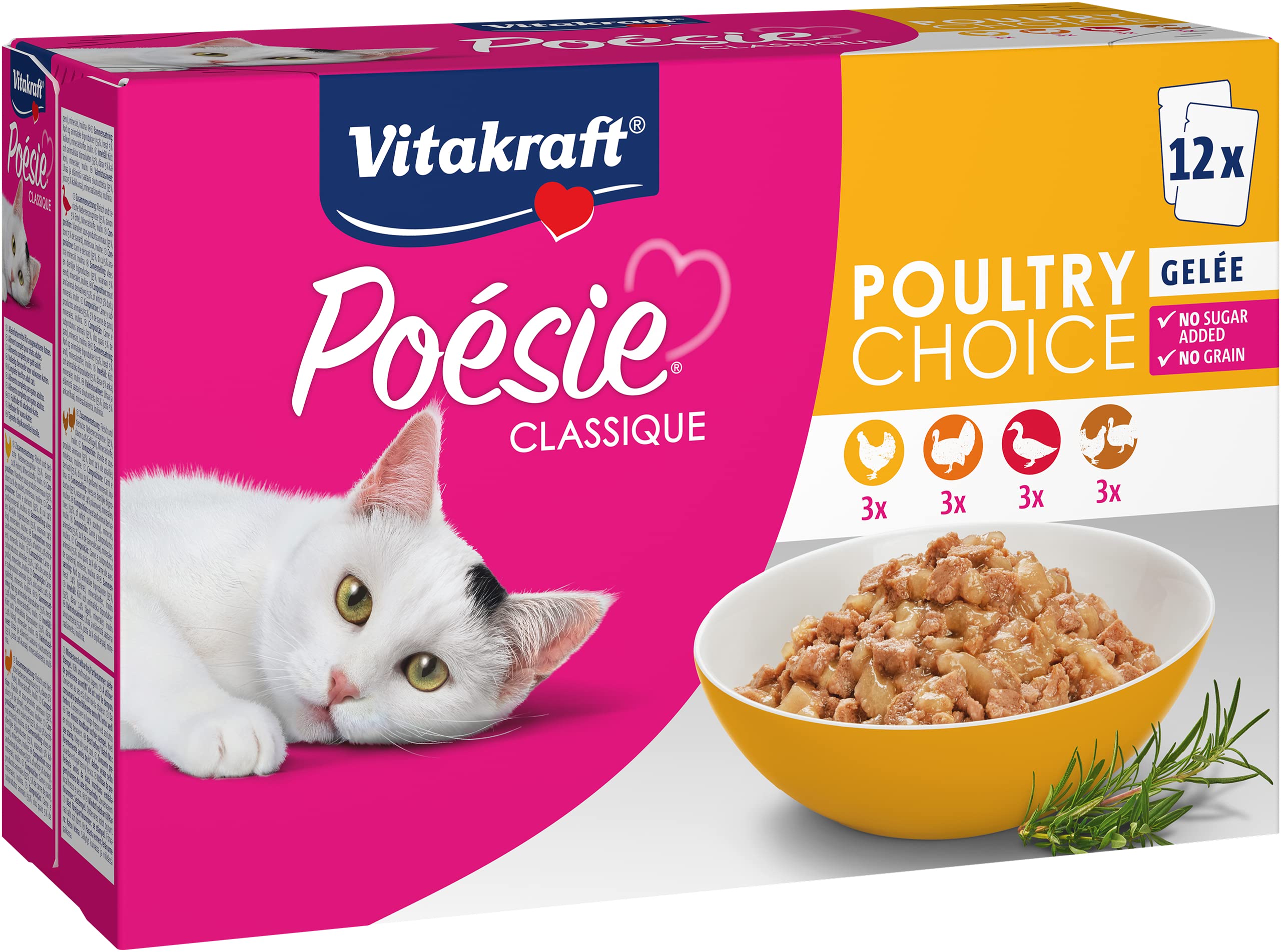 Vitakraft Poésie Classique, wet cat food, multipack, with chicken, turkey, poultry and duck, for adult cats, no added sugar or grain (1 pack containing 12x 85 g)