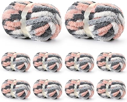 10 Pack Jumbo Chunky Yarn for Hand Knitting, Fluffy Variegated Chunky Chenille Yarn for Crocheting, 240yds/70.5oz Super Bulky Soft Crochet Baby Blanket YarnDark Grey-Pink-White