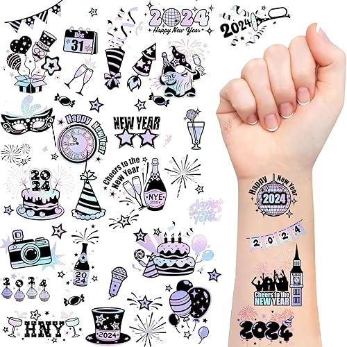 Konsait Tatuajes de Año Nuevo para 2024 Suministros de fiesta NYE Decoración Estilos de aluminio Tatuaje temporal NYE Party Favores Feliz Año Nuevo Konsait Tatuajes de Año Nuevo para 2024 Suministros de fiesta NYE Decoración Estilos de aluminio Tatuaje temporal NYE Party Favores Feliz Año Nuevo