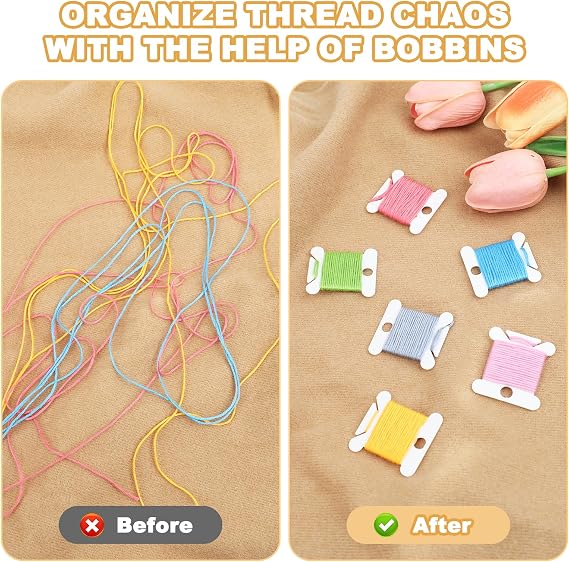 2 Sets Embroidery Floss Organizer, 400 Pcs White Floss Bobbins with 2 Pcs Bobbin Winders and 2 Number Stickers, Plastic Embroidery Thread Organizer, Cross Stitch Thread Storage for DIY Sewing Craft