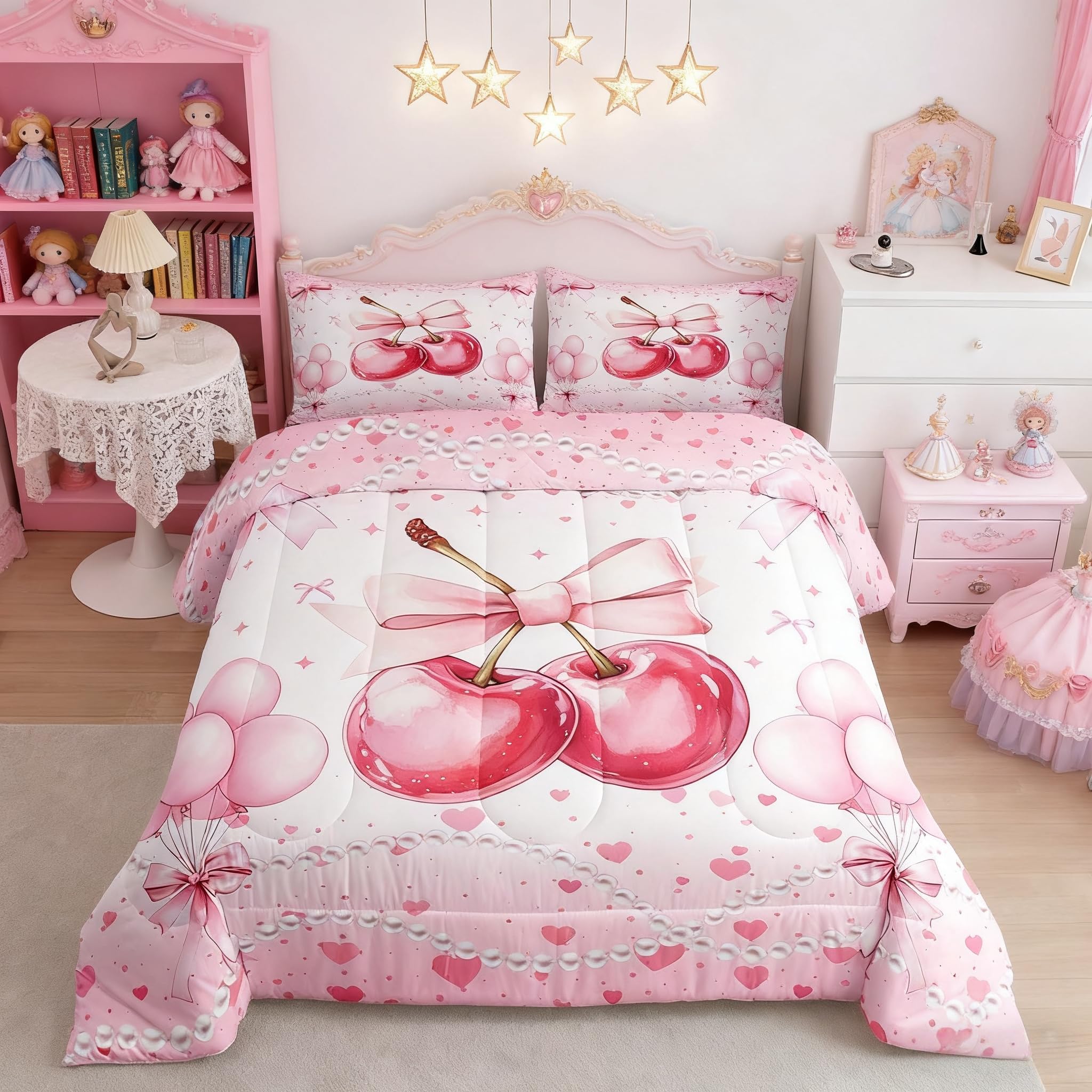 Parure de lit enfant nœud cerise, le cadeau idéal de couette rose et rouge pour fille