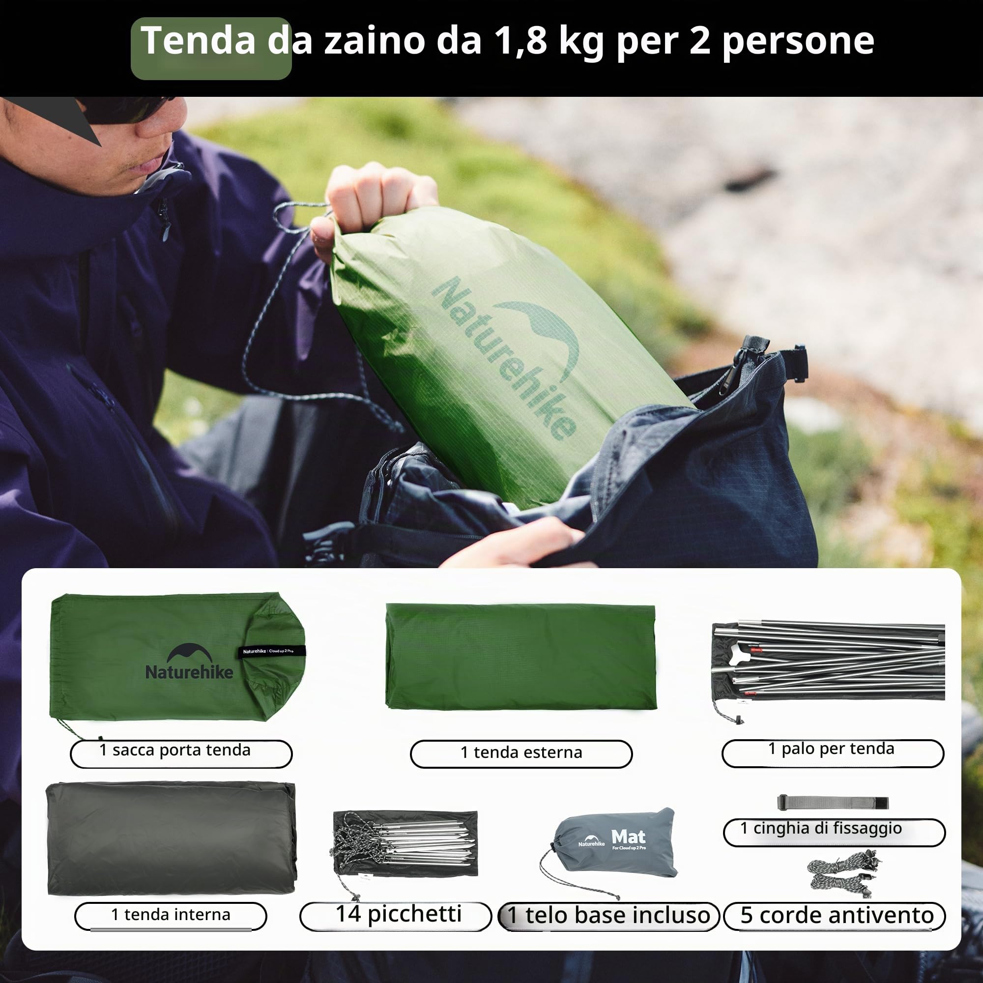 Naturehike Cloud Up Pro - Tenda da campeggio leggera per 2 persone, facile da montare, antivento e impermeabile, per attività all'aperto, viaggi, trekking (verde oliva/senza fluoro)