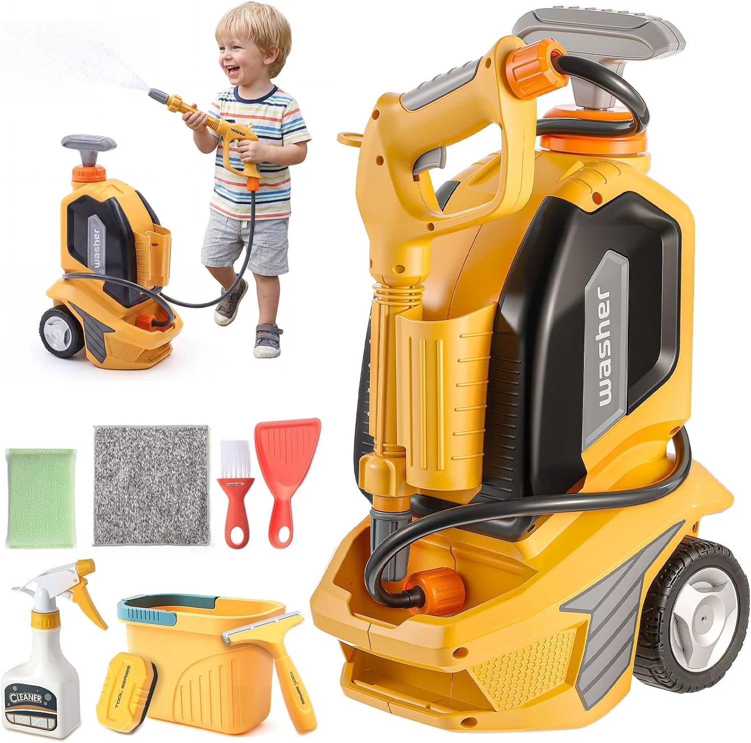 Kids Pressure Washer Clean Car Wash Power Washer with Cleaning Kit, Manual Pressure Adjustable Water Gun Spray, Pretend Tools Role Playing Cleaning Birthdays Gift for Boys Girls