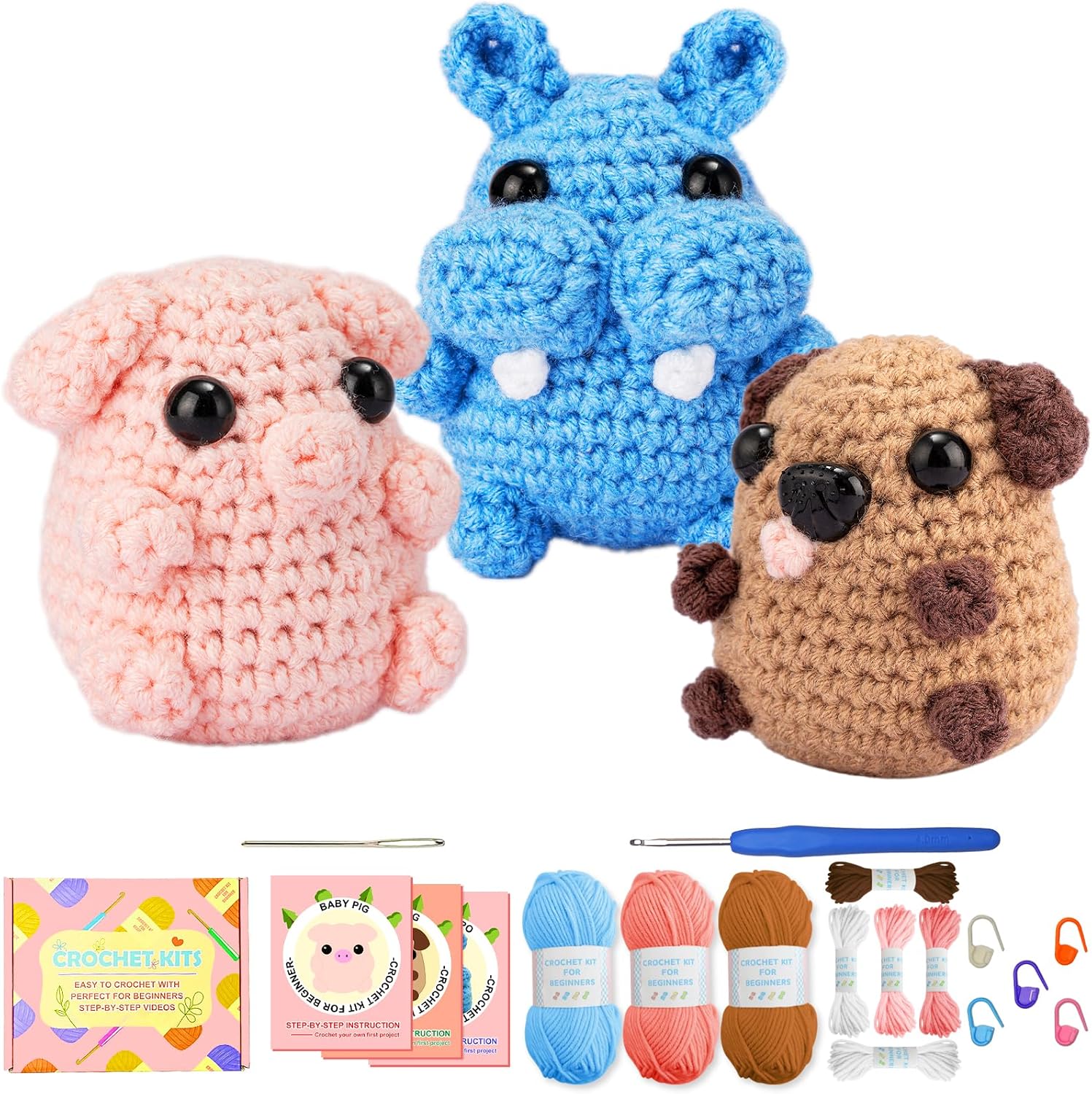 Uluck Crochet Kit for Beginners, Beginner Crochet Kit for Adults with Step-by-Step Video Tutorials, Crochet Animal Kit - Dog, Pig, Hippo