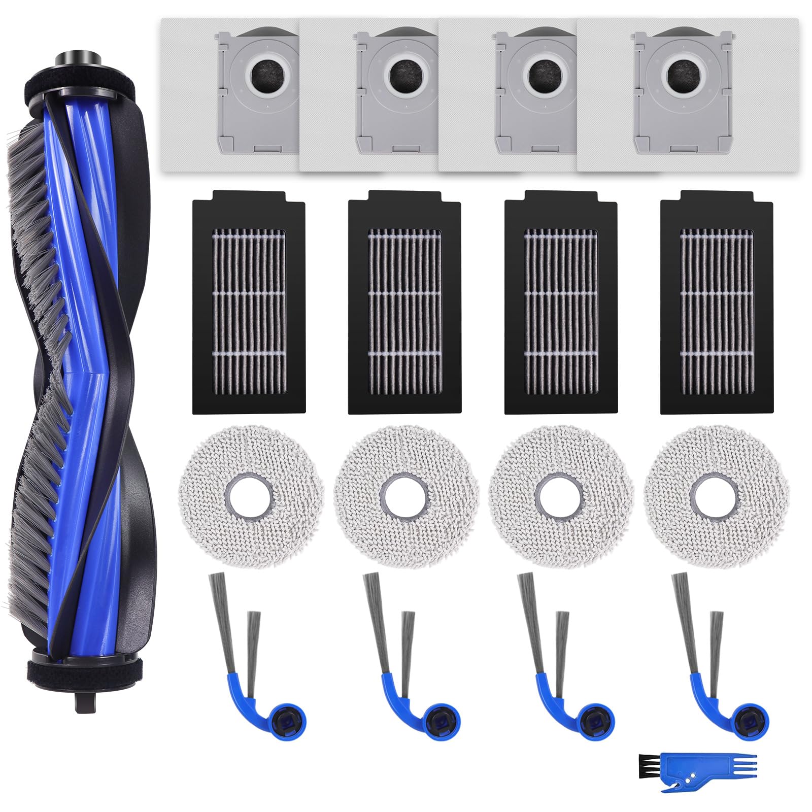Accessory Replacement Compatible with Ecovacs Deebot T30C OMNI Robot Vacuum Cleaner, 1 Main Brush, 4 Filters, 4 Side Brushes, 4 Mop Wipes, 4 Dust Bags, 1 Cleaning Brush