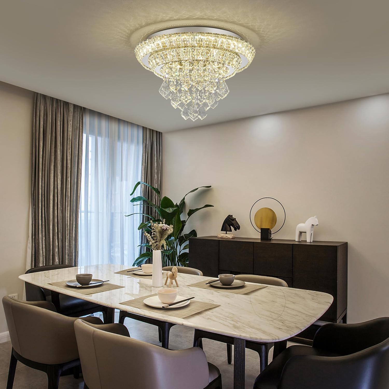18" Flush Mount Crystal Chandelier Ceiling Light,Modern Raindrop Chandelier,Remote/APP,3-Color Dimmable Timer,Elegant LED Lighting for Dining Room Living Room-Sliver