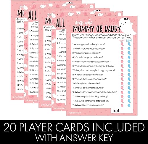 Miniatura 4 de Pink Little Boo Baby Shower Juegos de fiesta - Adivina quién mamá o papá y todas las cosas juego de Halloween (paquete de 2 juegos) - 20 cartas