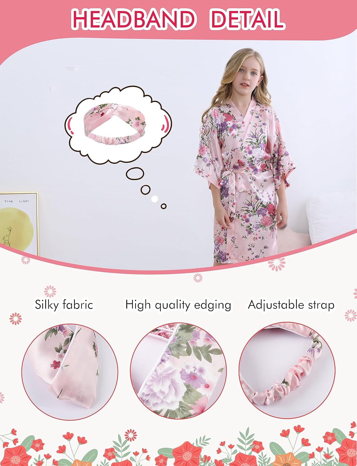 SEALINF Kids Girl's Floral Robe for Birthday Spa Parties Wedding Getting Ready Sleeping Gown - Image 4