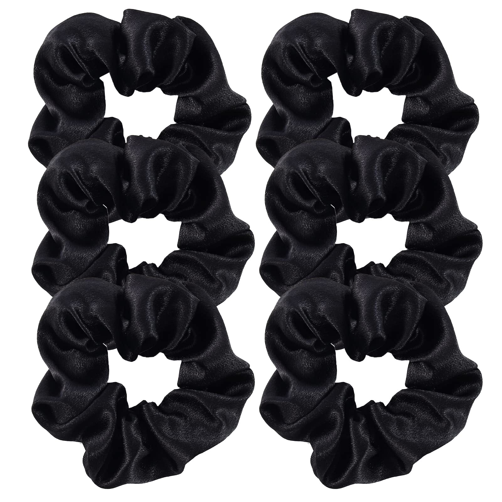 6 Pack Soft Charmeuse Sleep Hair Scrunchies Bright Satin Hairstyle Ponytails Holder Hair Scrunchy Elastic Hair Bands Ties Hair Accessories Pineapple Hair Wrist Band for Women Girls Bridesmaid Curly Coarse Hair Bun Workouts (Black)