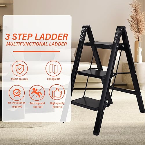 Miniatura 6 de Escalera de 3 escalones, de aleación de aluminio multiusos, ligera, portátil, plegable, con pedales anchos antideslizantes para el hogar, cocina,
