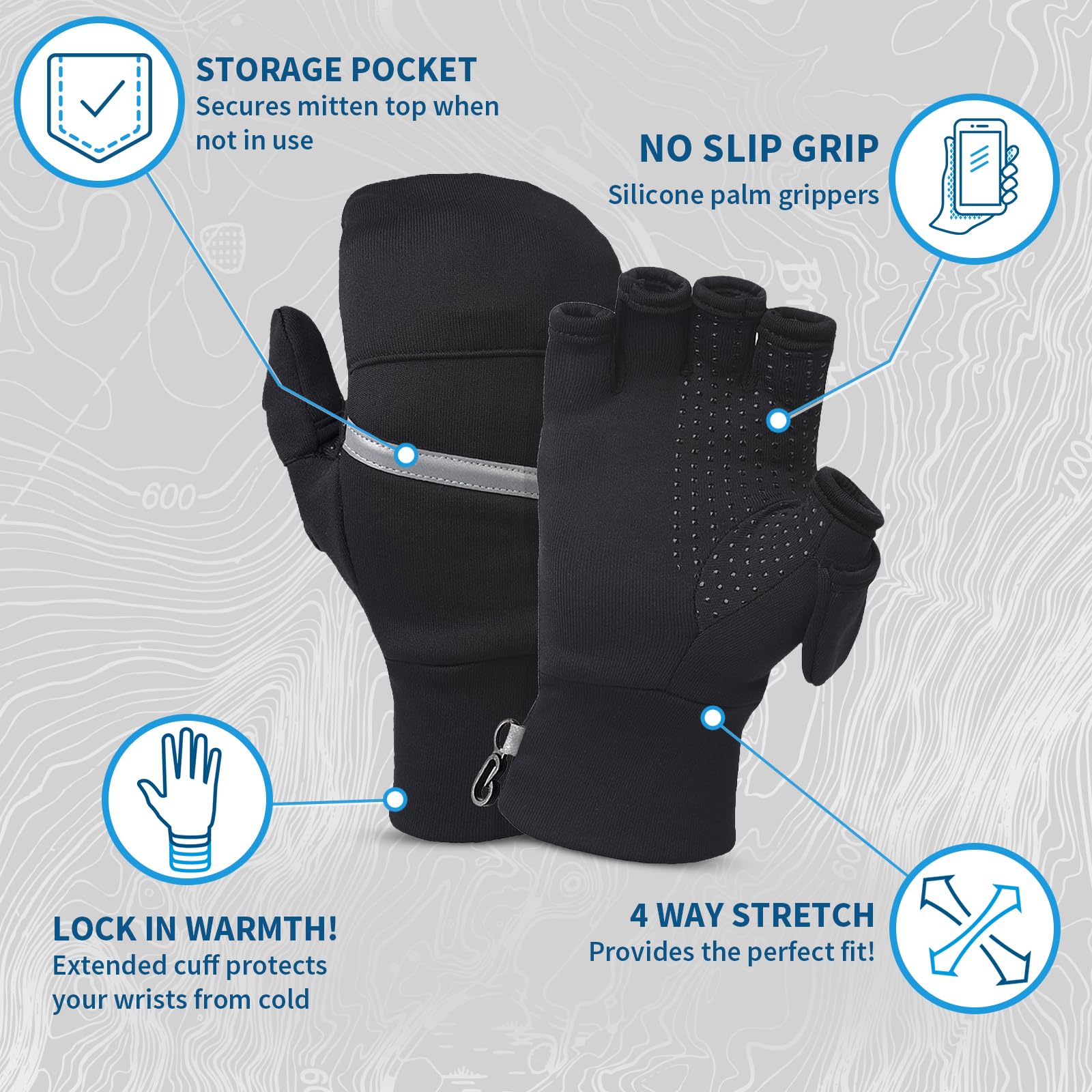 TrailHeads Manoplas convertibles Power Stretch para hombre | Guantes sin dedos