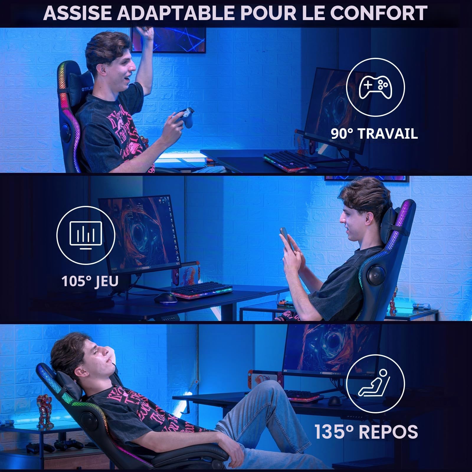 GTPLAYER Chaise de Jeu, Chaise de Bureau, Chaise de Jeu avec Haut-Parleur et Barre Lumineuse, Dossier avec Sac de Rangement, Chaise Ergonomique en Polycarbonate avec télécommande, Supporte 150 kg